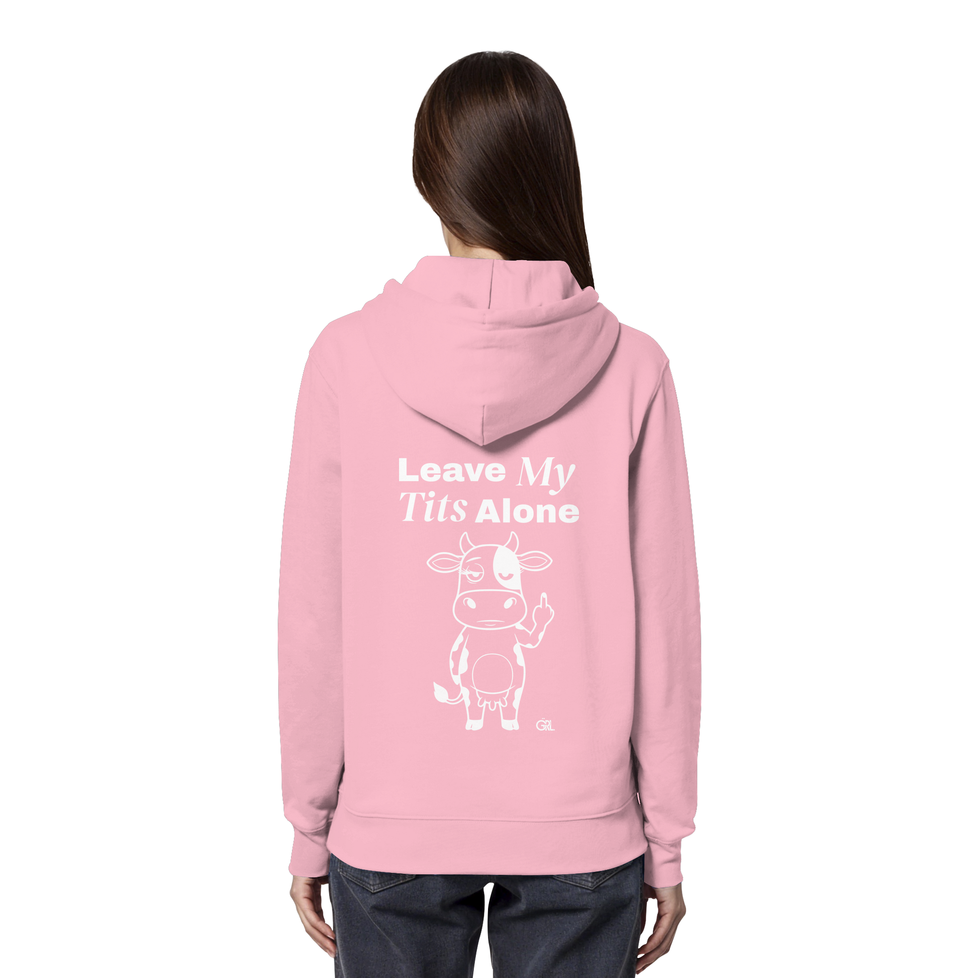Finger Cow Rücken-Print – Cotton Pink Hoodie | GÖRL Feminist Statement Wear Berlin