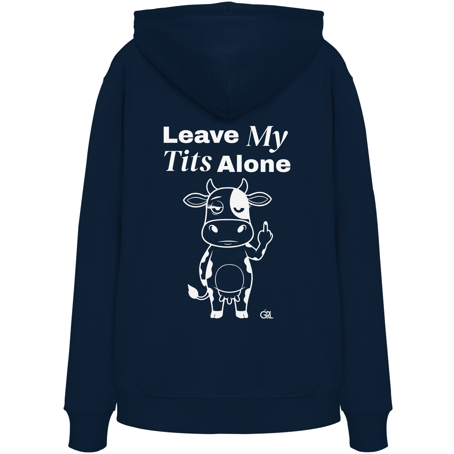 Finger Cow Rücken-Print – French Navy Hoodie | GÖRL Feminist Statement Wear Berlin