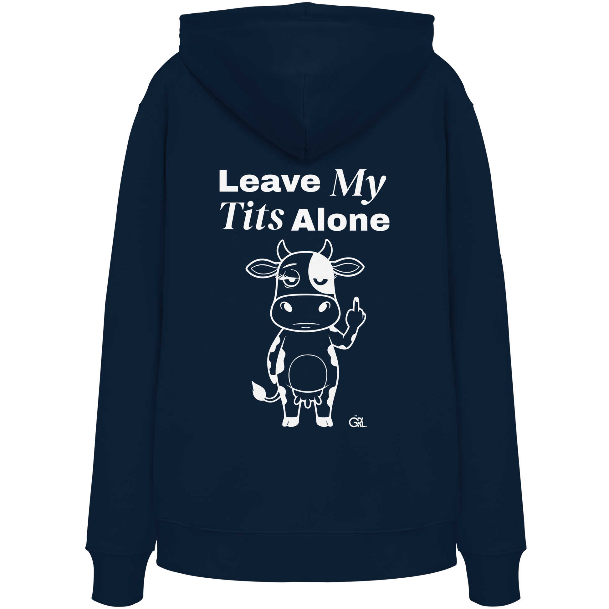 Finger Cow Rücken-Print – French Navy Hoodie | GÖRL Feminist Statement Wear Berlin
