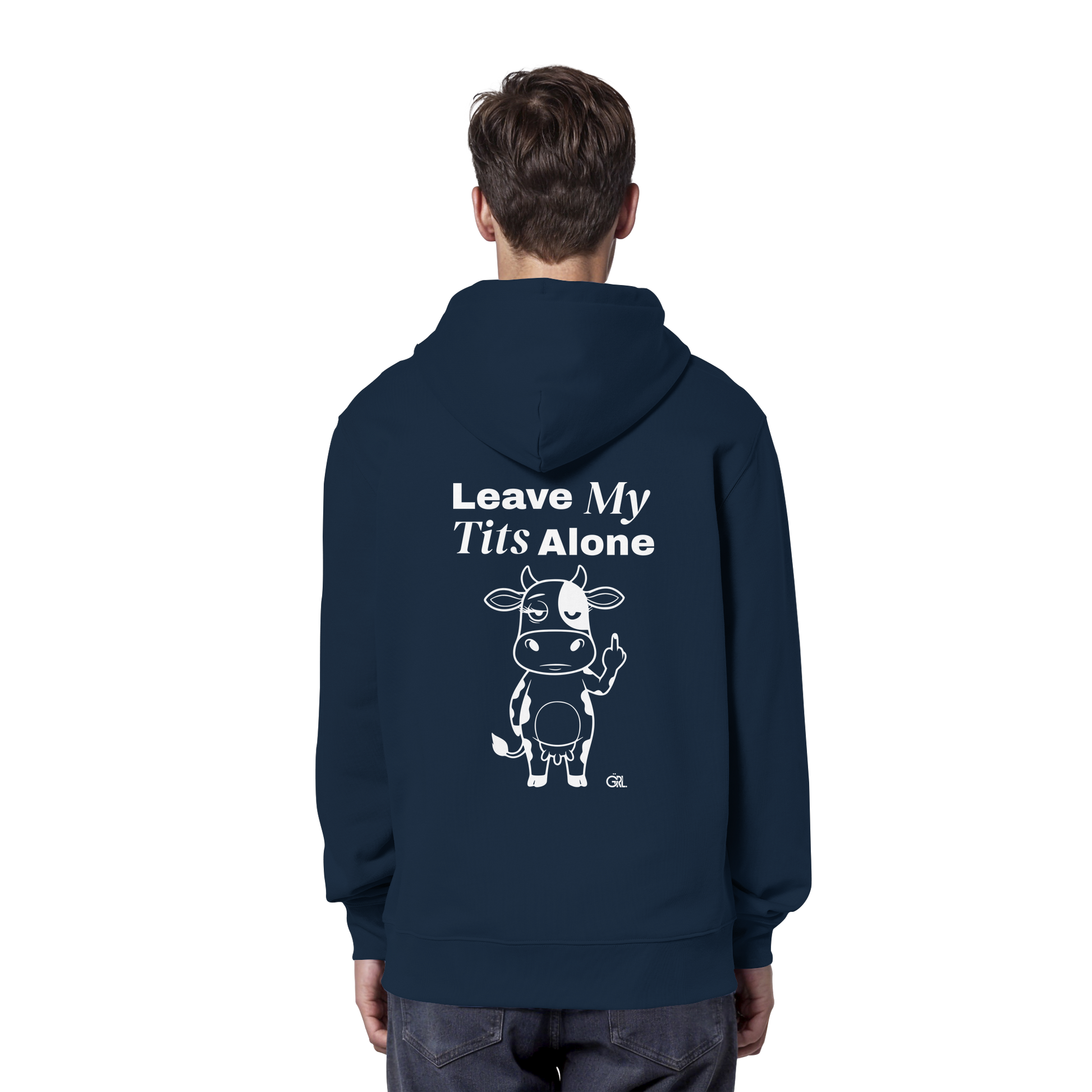 Finger Cow Rücken-Print – French Navy Hoodie | GÖRL Feminist Statement Wear Berlin