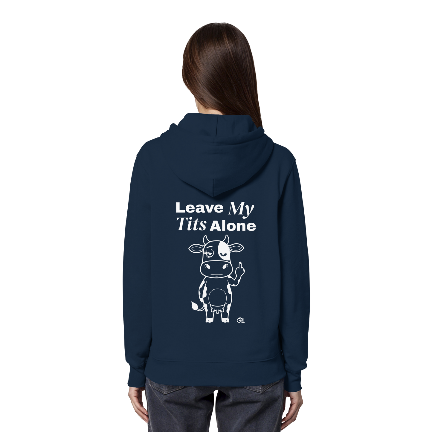 Finger Cow Rücken-Print – French Navy Hoodie | GÖRL Feminist Statement Wear Berlin