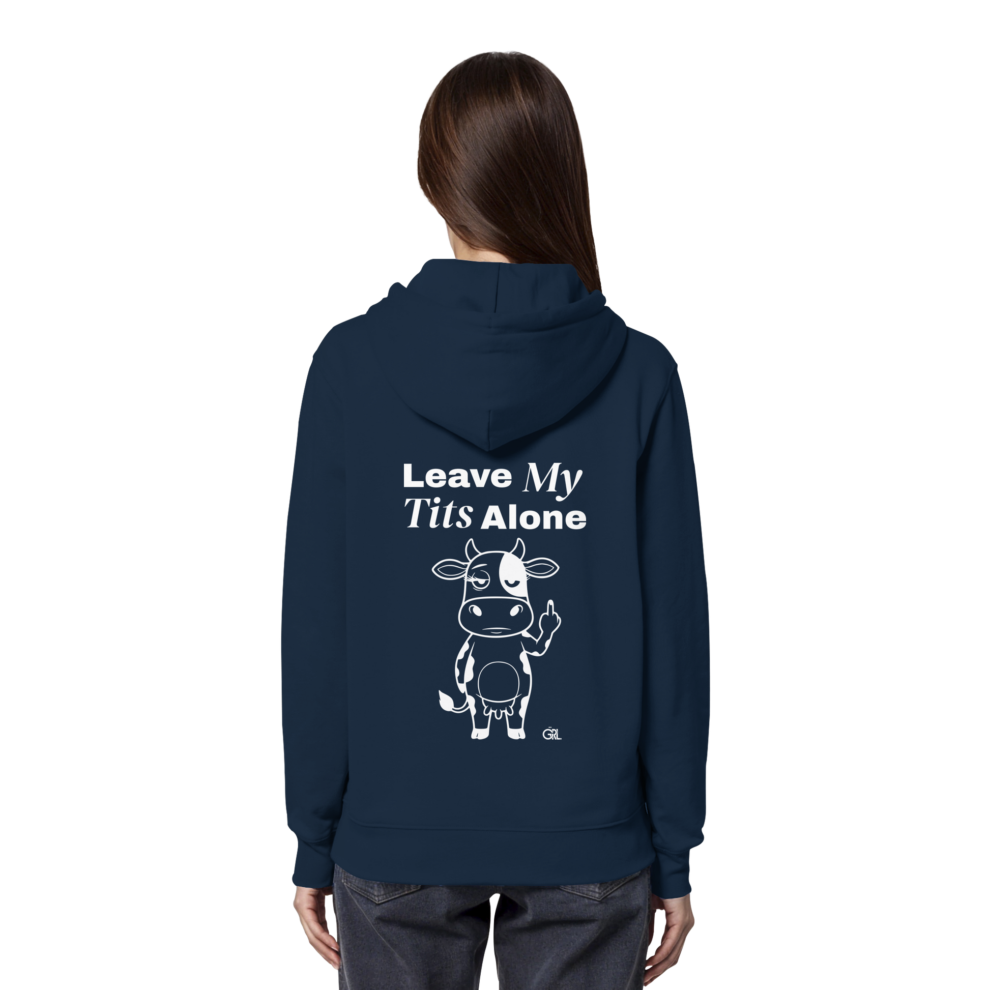 Finger Cow Rücken-Print – French Navy Hoodie | GÖRL Feminist Statement Wear Berlin
