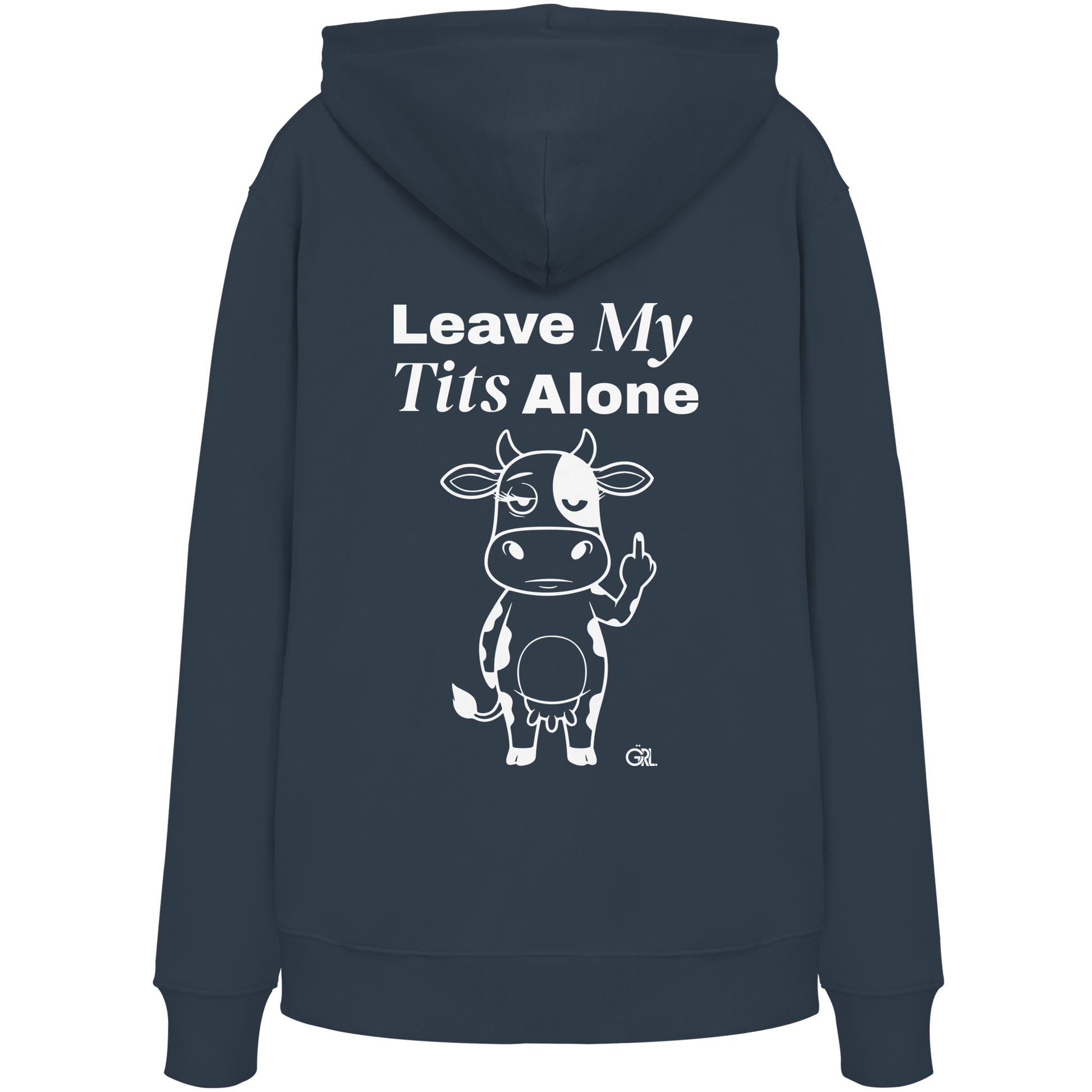 Finger Cow Rücken-Print – India Ink Grey Hoodie | GÖRL Feminist Statement Wear Berlin