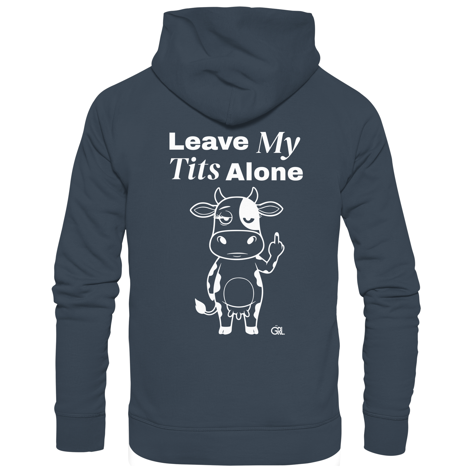 Finger Cow Rücken-Print – India Ink Grey Hoodie | GÖRL Feminist Statement Wear Berlin