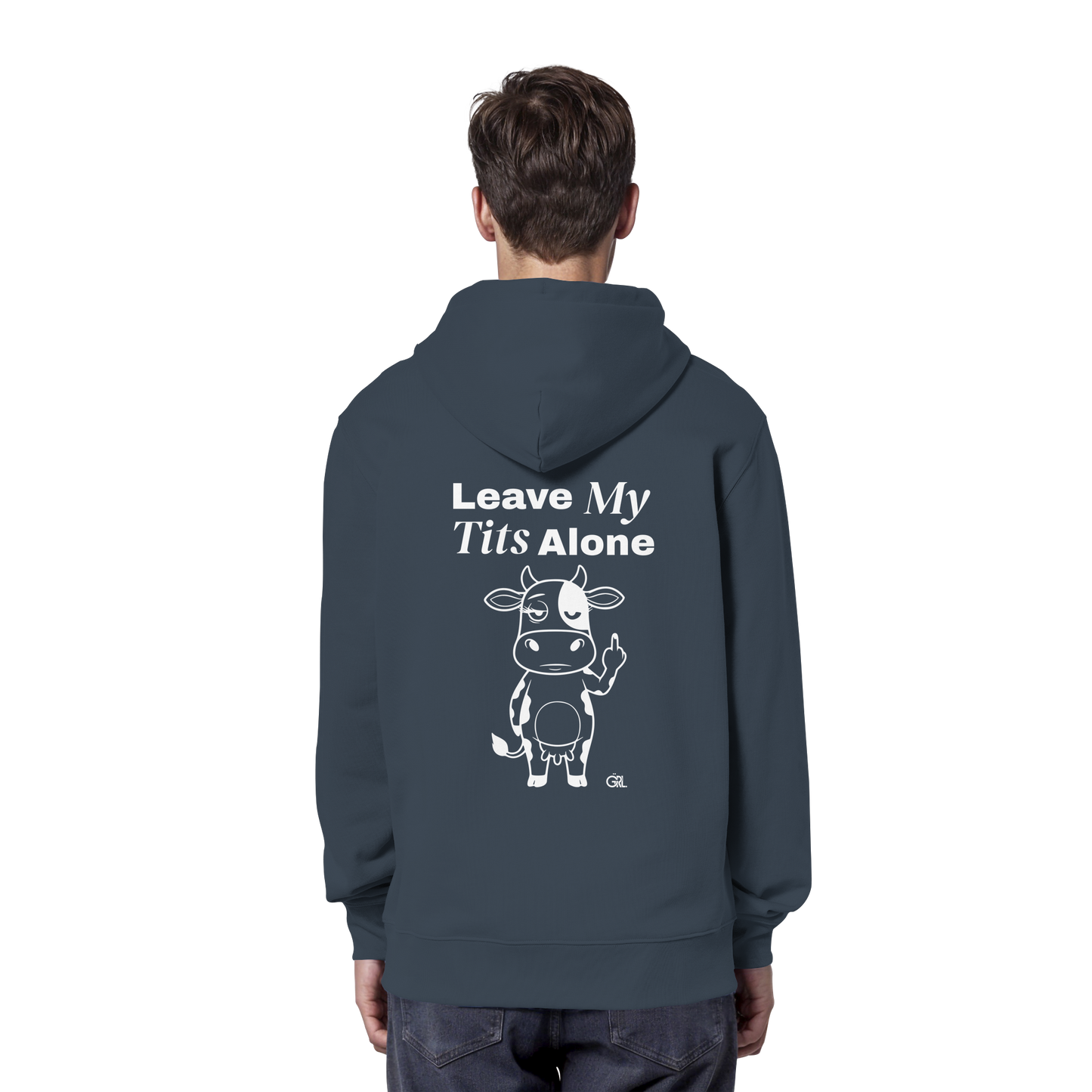 Finger Cow Rücken-Print – India Ink Grey Hoodie | GÖRL Feminist Statement Wear Berlin