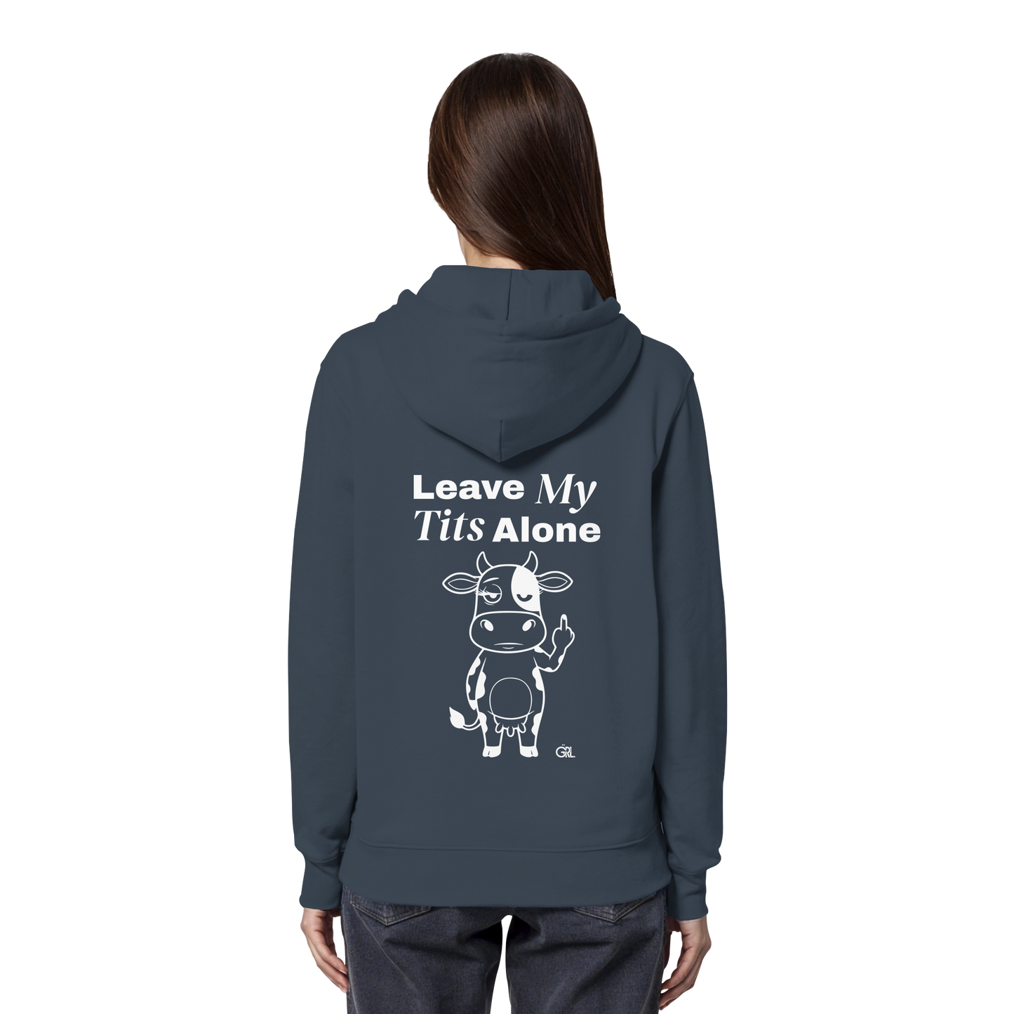 Finger Cow Rücken-Print – India Ink Grey Hoodie | GÖRL Feminist Statement Wear Berlin
