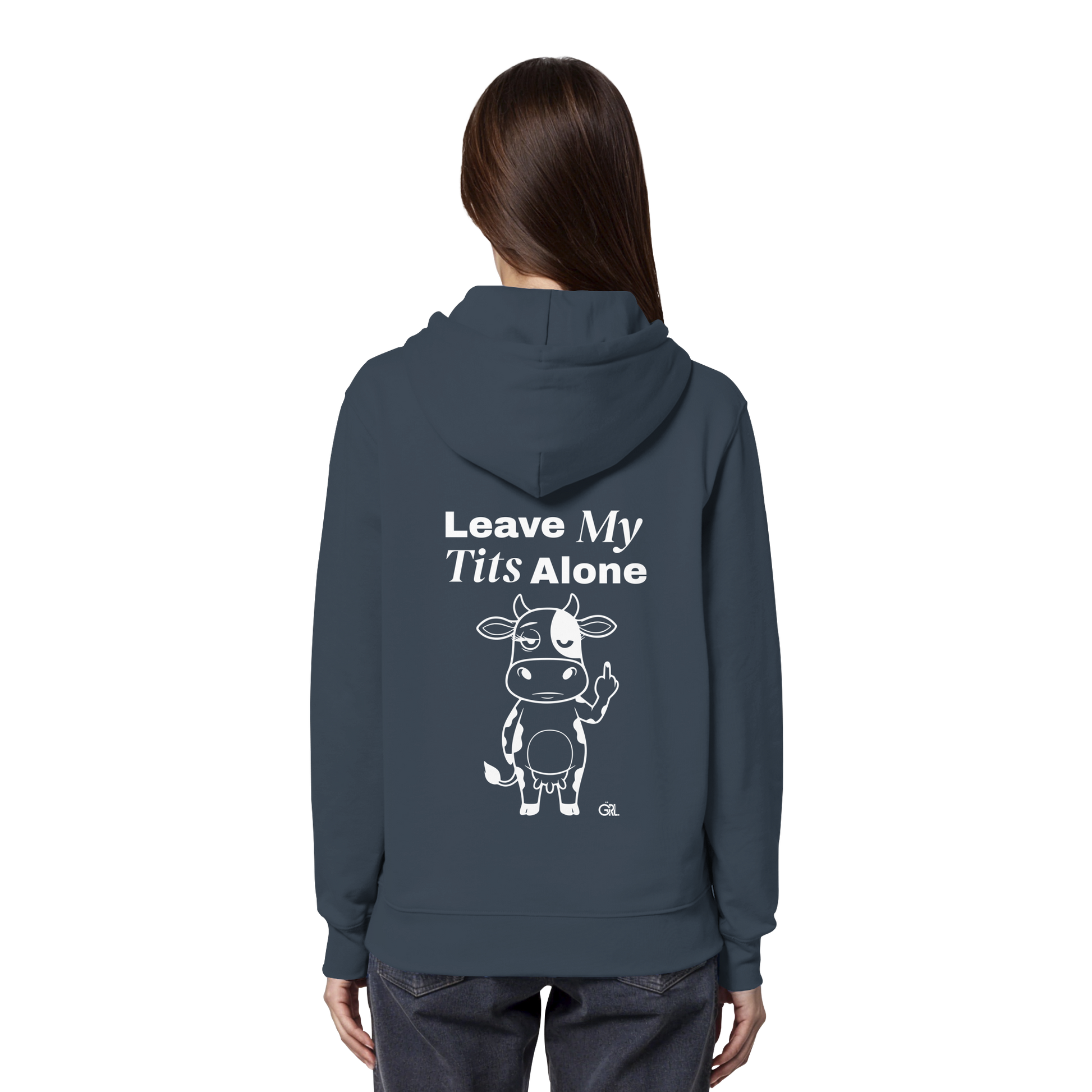 Finger Cow Rücken-Print – India Ink Grey Hoodie | GÖRL Feminist Statement Wear Berlin