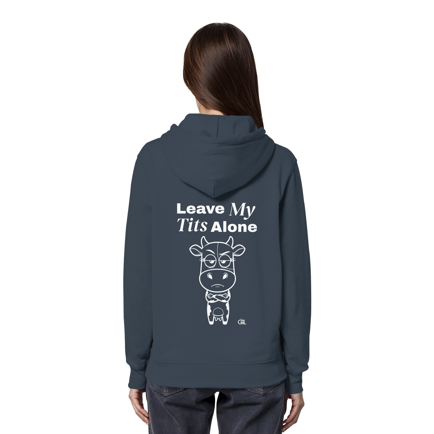 Annoyed Cow Rücken-Print – India Ink Grey Hoodie | GÖRL Feminist Statement Wear Berlin