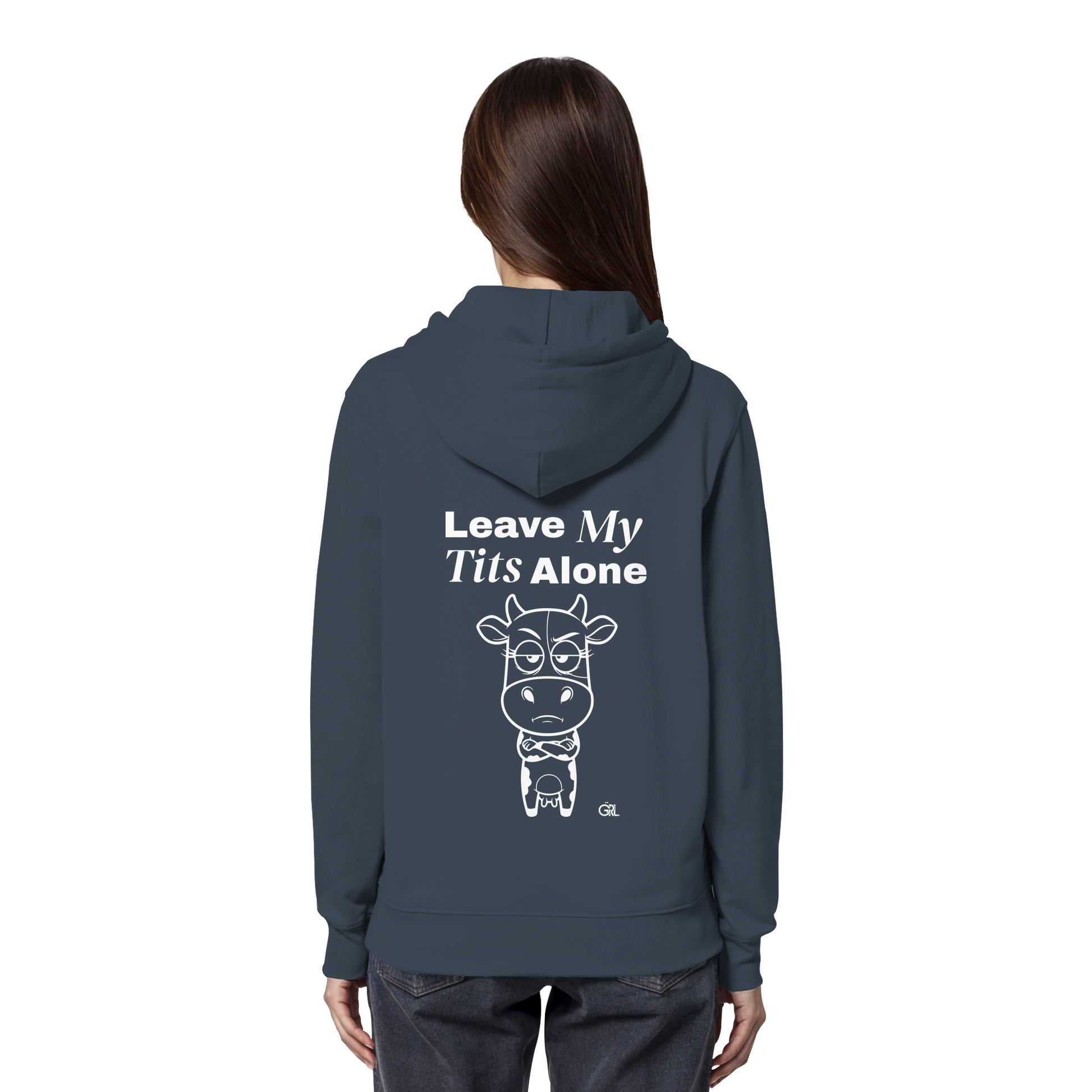 Annoyed Cow Rücken-Print – India Ink Grey Hoodie | GÖRL Feminist Statement Wear Berlin