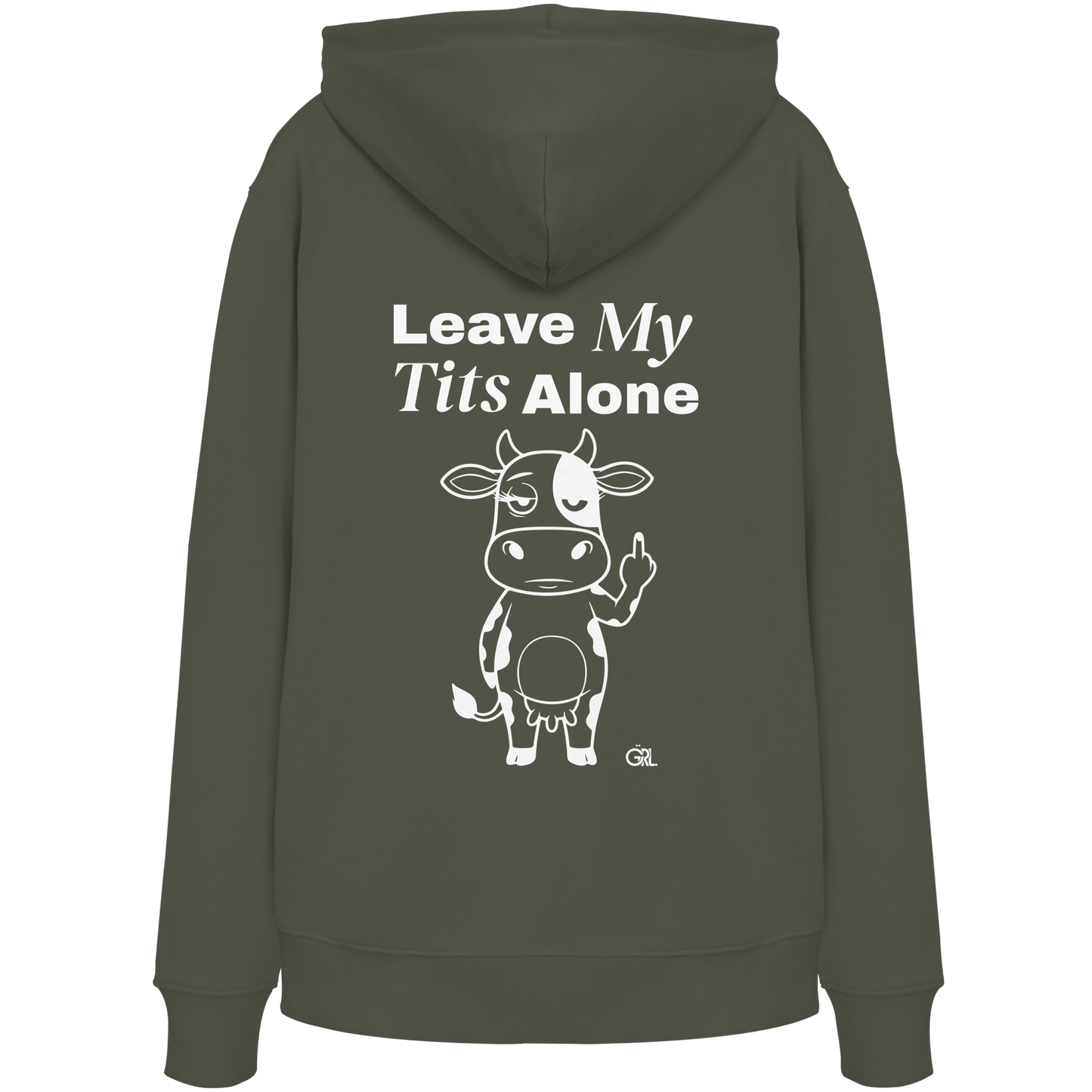 Finger Cow Rücken-Print – Khaki Hoodie | GÖRL Feminist Statement Wear Berlin