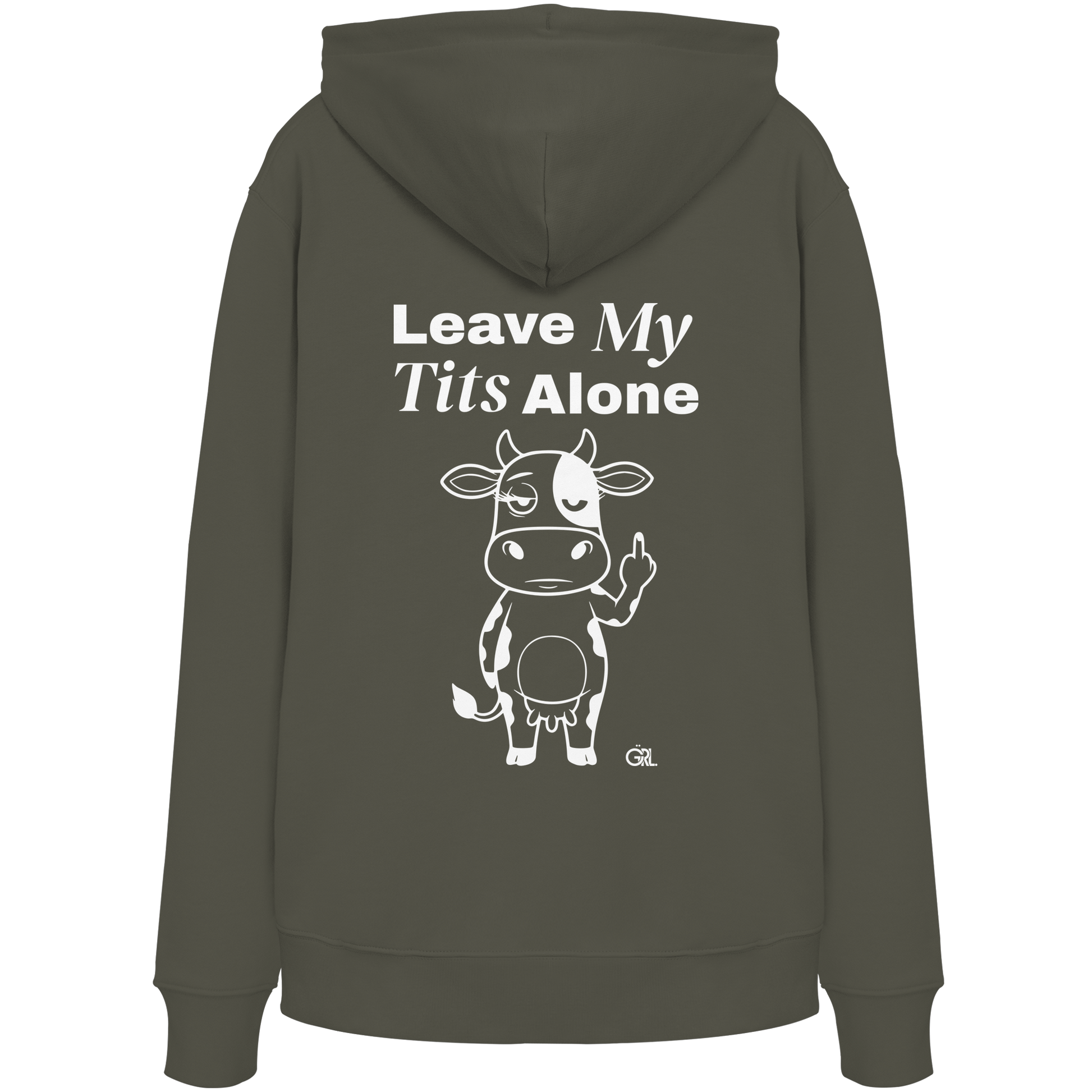 Finger Cow Rücken-Print – Khaki Hoodie | GÖRL Feminist Statement Wear Berlin