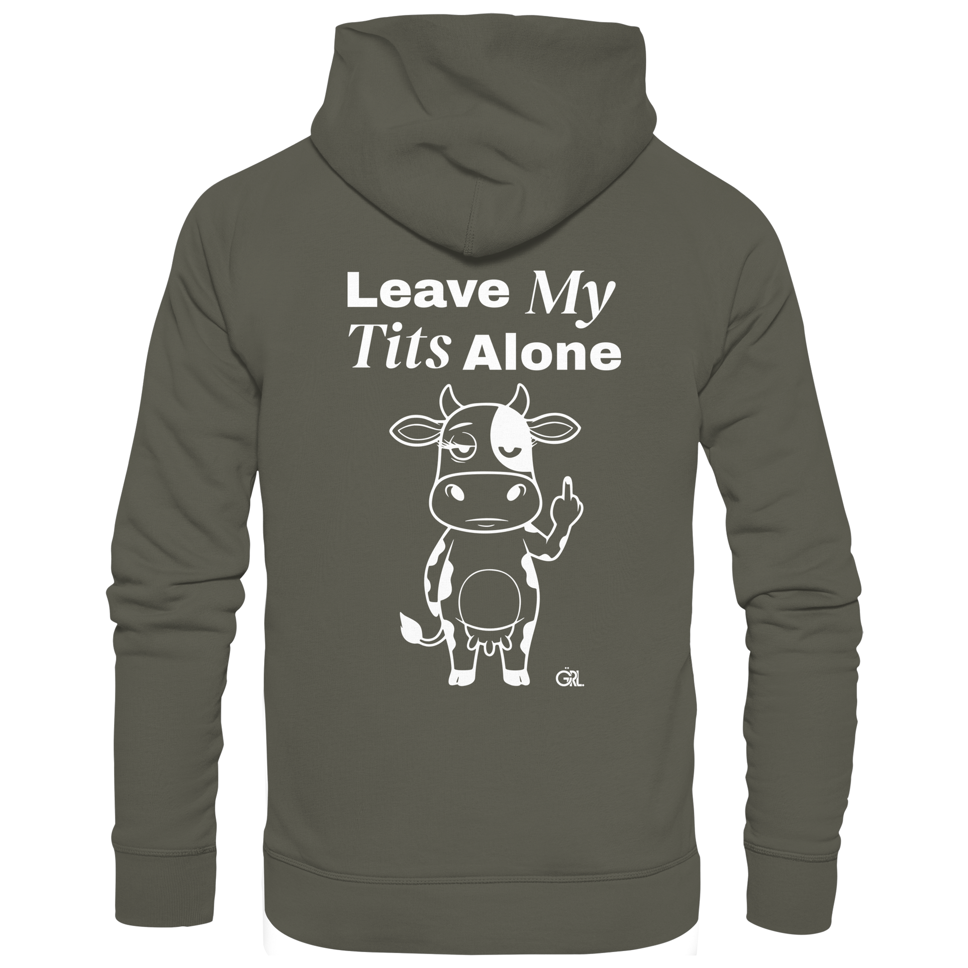 Finger Cow Rücken-Print – Khaki Hoodie | GÖRL Feminist Statement Wear Berlin