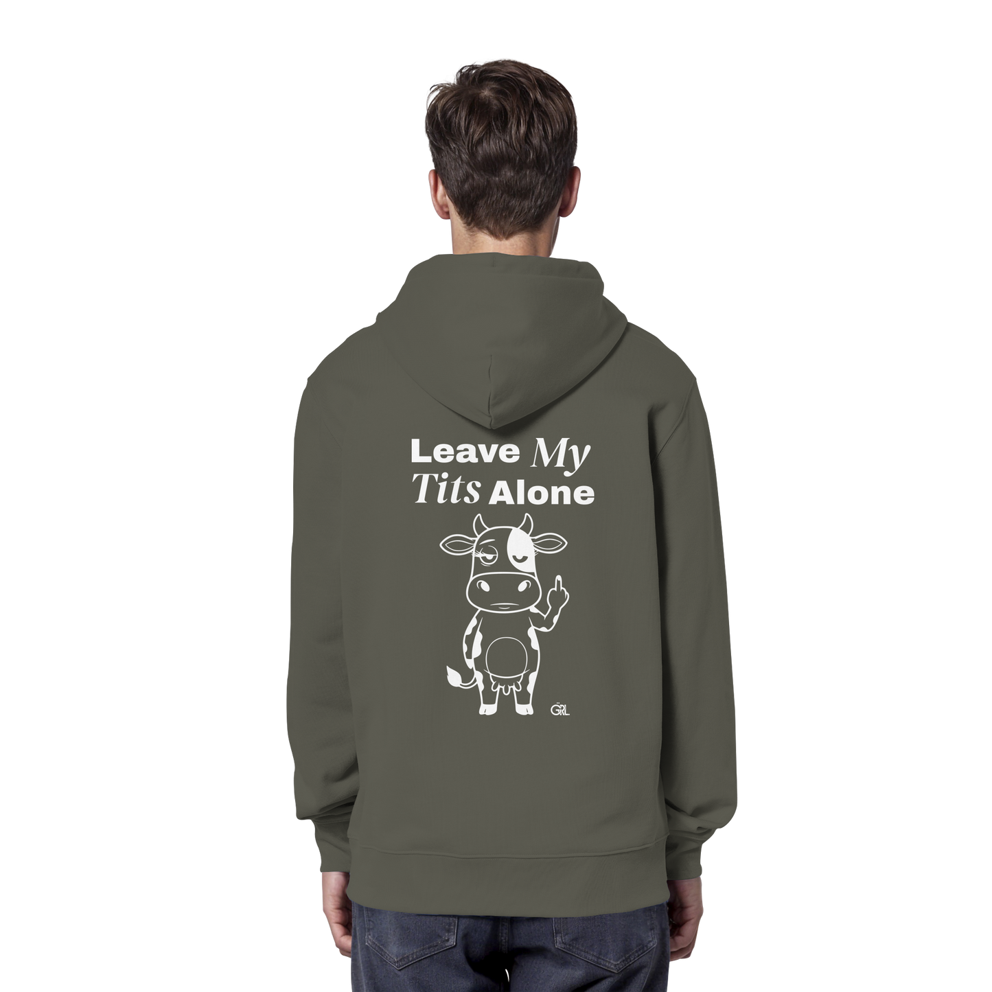 Finger Cow Rücken-Print – Khaki Hoodie | GÖRL Feminist Statement Wear Berlin