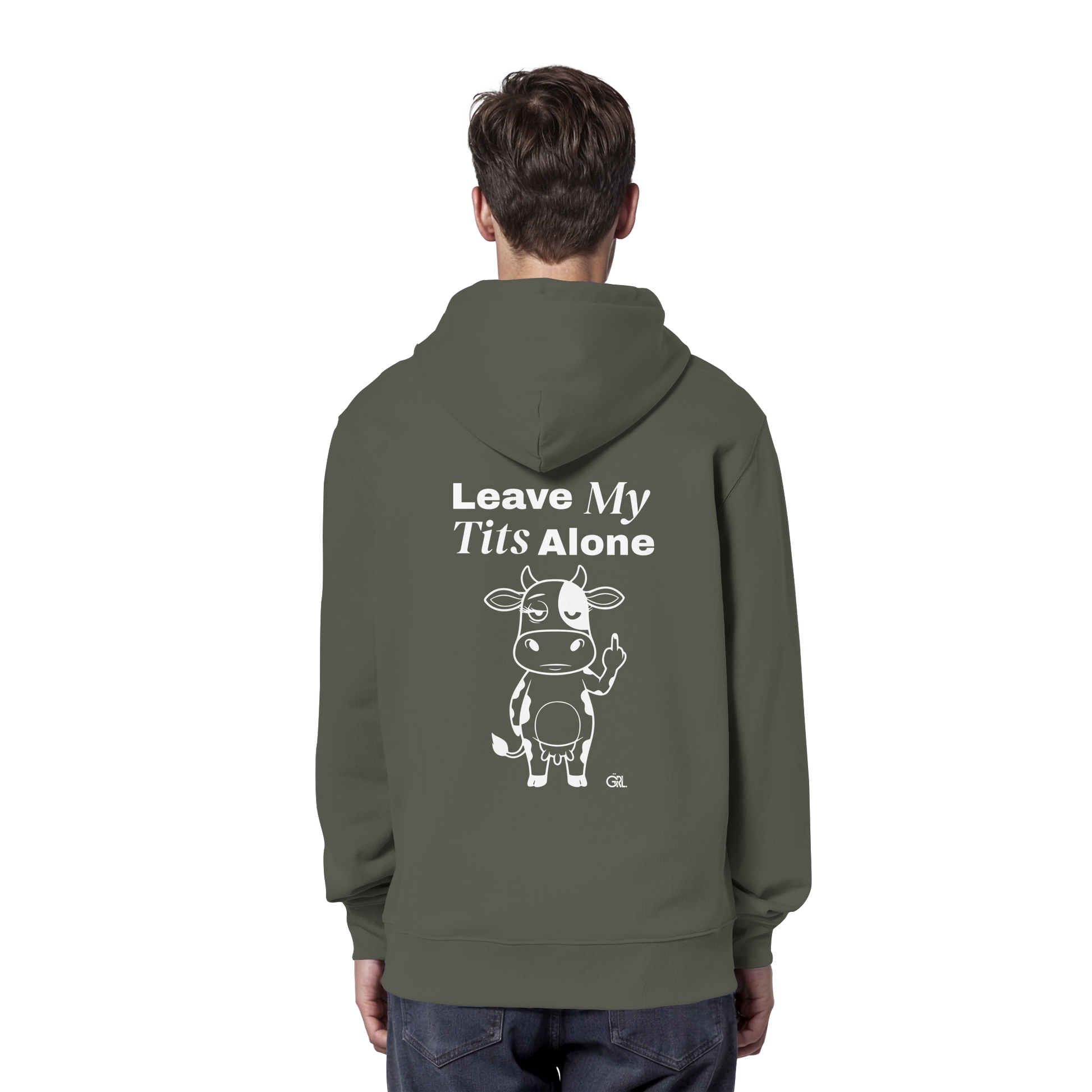 Finger Cow Rücken-Print – Khaki Hoodie | GÖRL Feminist Statement Wear Berlin