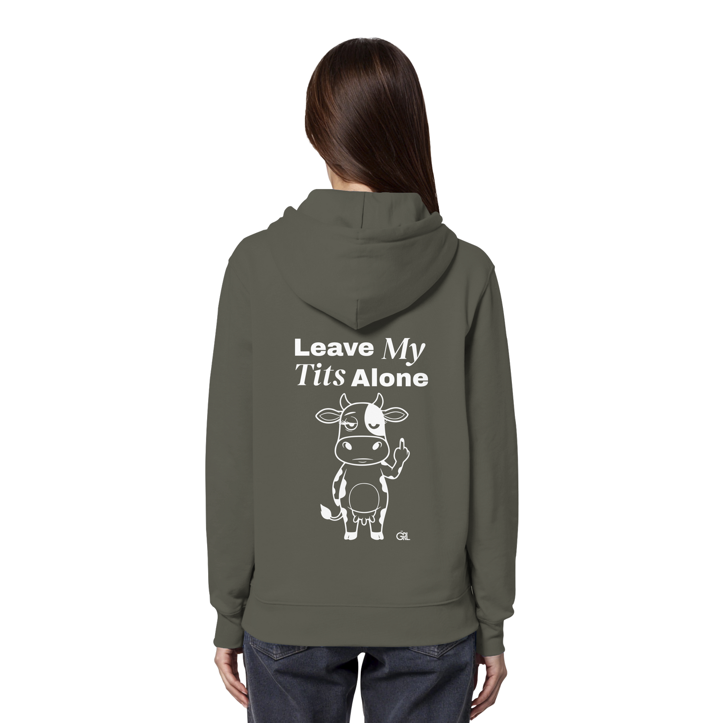 Finger Cow Rücken-Print – Khaki Hoodie | GÖRL Feminist Statement Wear Berlin