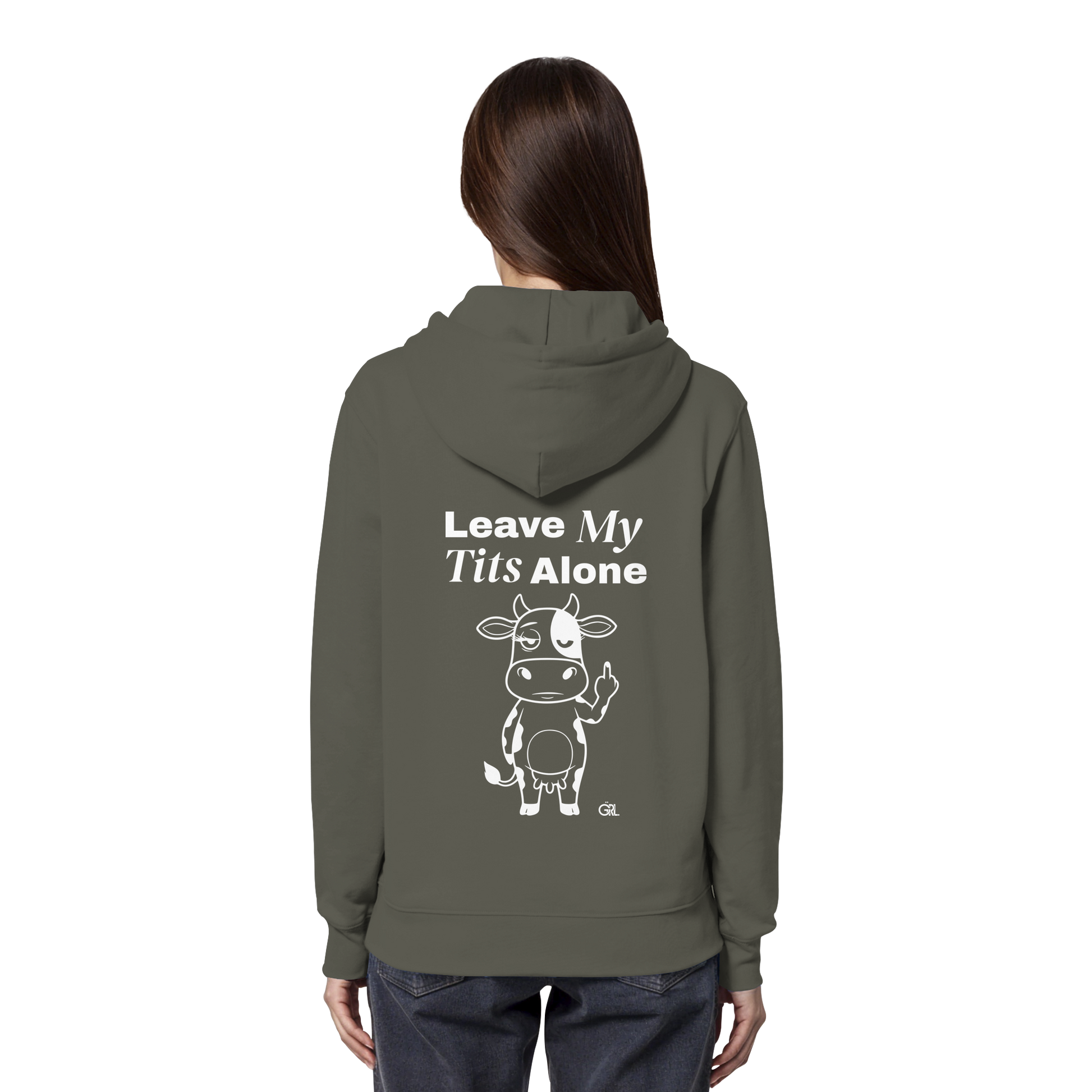 Finger Cow Rücken-Print – Khaki Hoodie | GÖRL Feminist Statement Wear Berlin