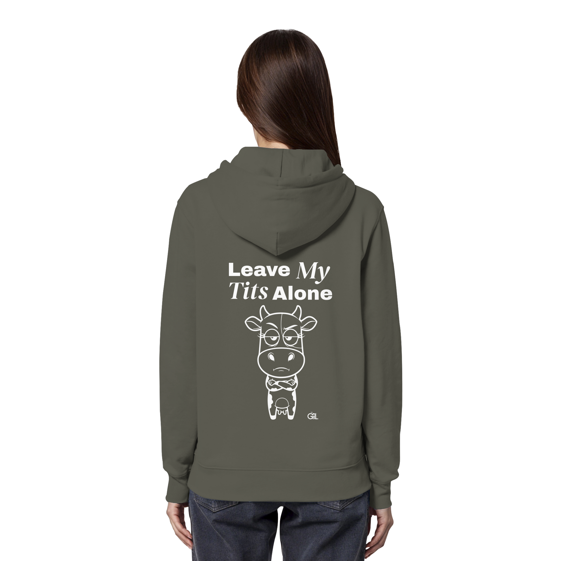 Annoyed Cow Rücken-Print – Khaki Hoodie | GÖRL Feminist Statement Wear Berlin
