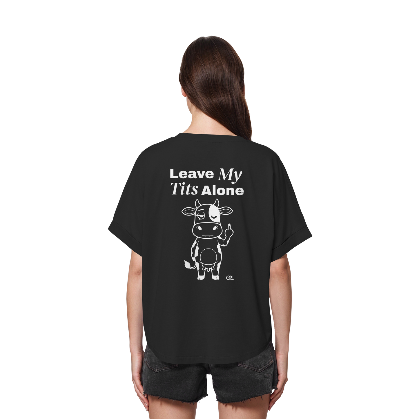 Finger Cow Rücken-Print – Schwarz Rolled Sleeves Tee | GÖRL Feminist Statement Wear Berlin