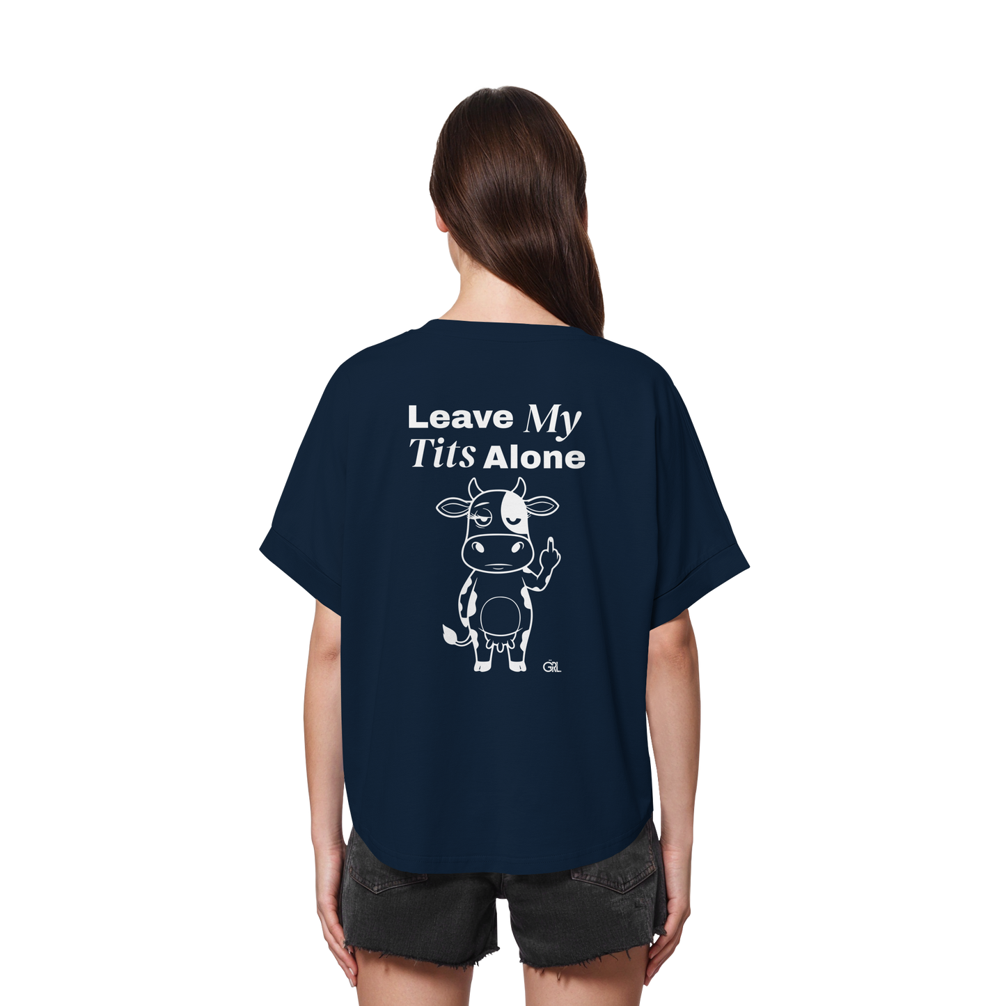 Finger Cow Rücken-Print – French Navy Rolled Sleeves Tee | GÖRL Feminist Statement Wear Berlin