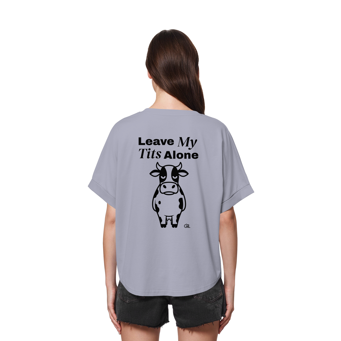 Angry Cow Rücken-Print – Serene Blue Rolled Sleeves Tee | GÖRL Feminist Statement Wear Berlin