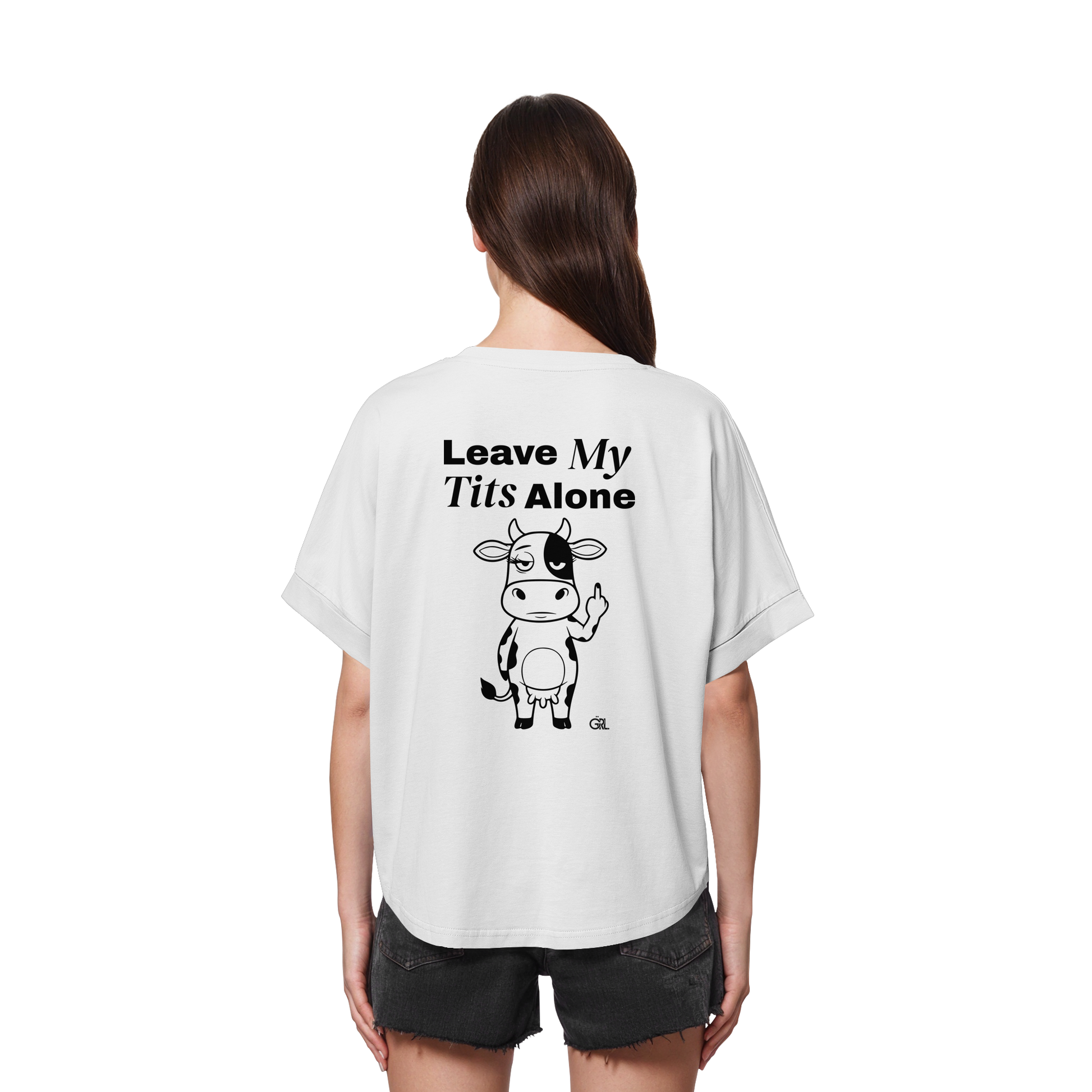 Finger Cow Rücken-Print – Weiss Rolled Sleeves Tee | GÖRL Feminist Statement Wear Berlin