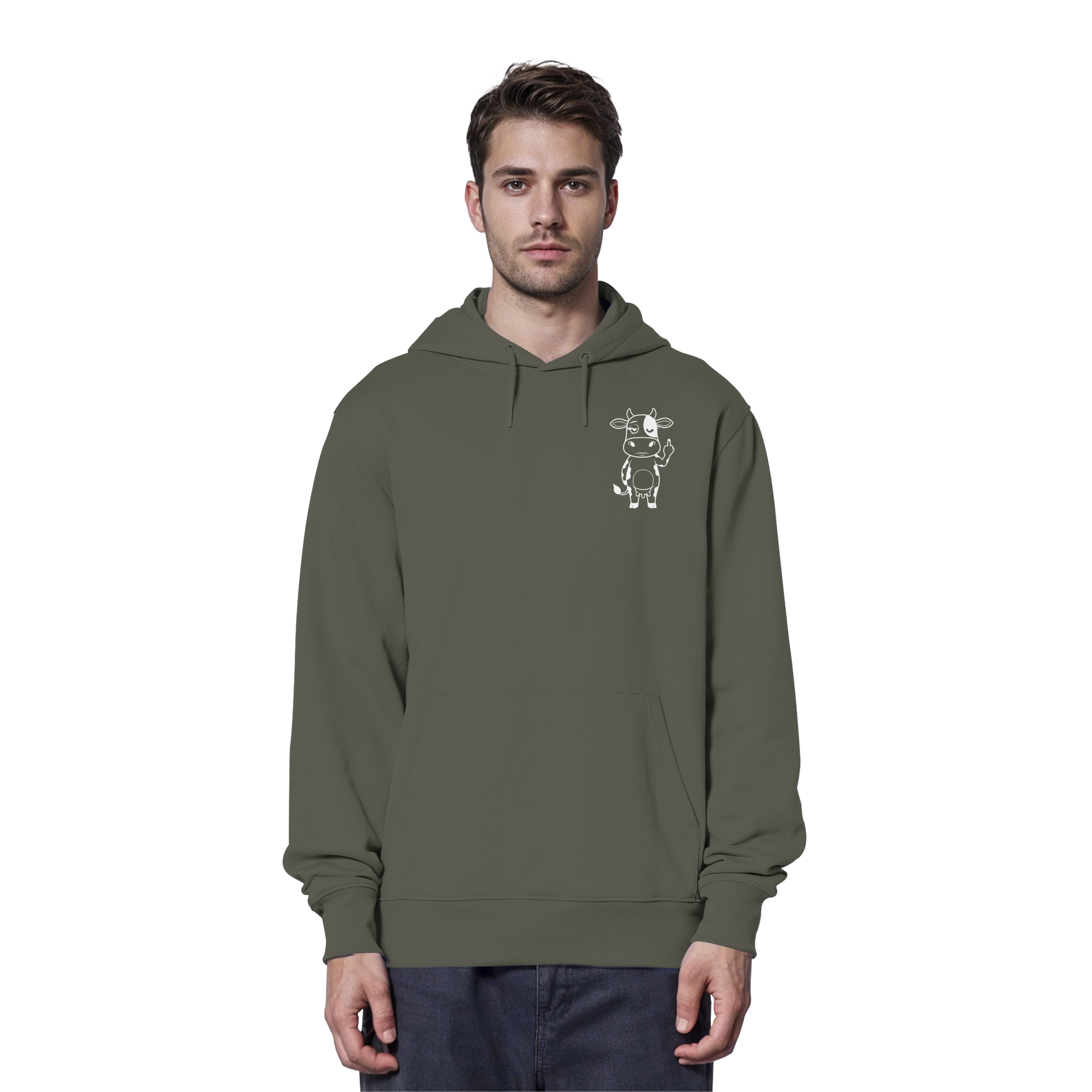 Finger Cow Statement-Print – Khaki Hoodie | GÖRL Bio-Baumwolle, DTF-Druck in DE