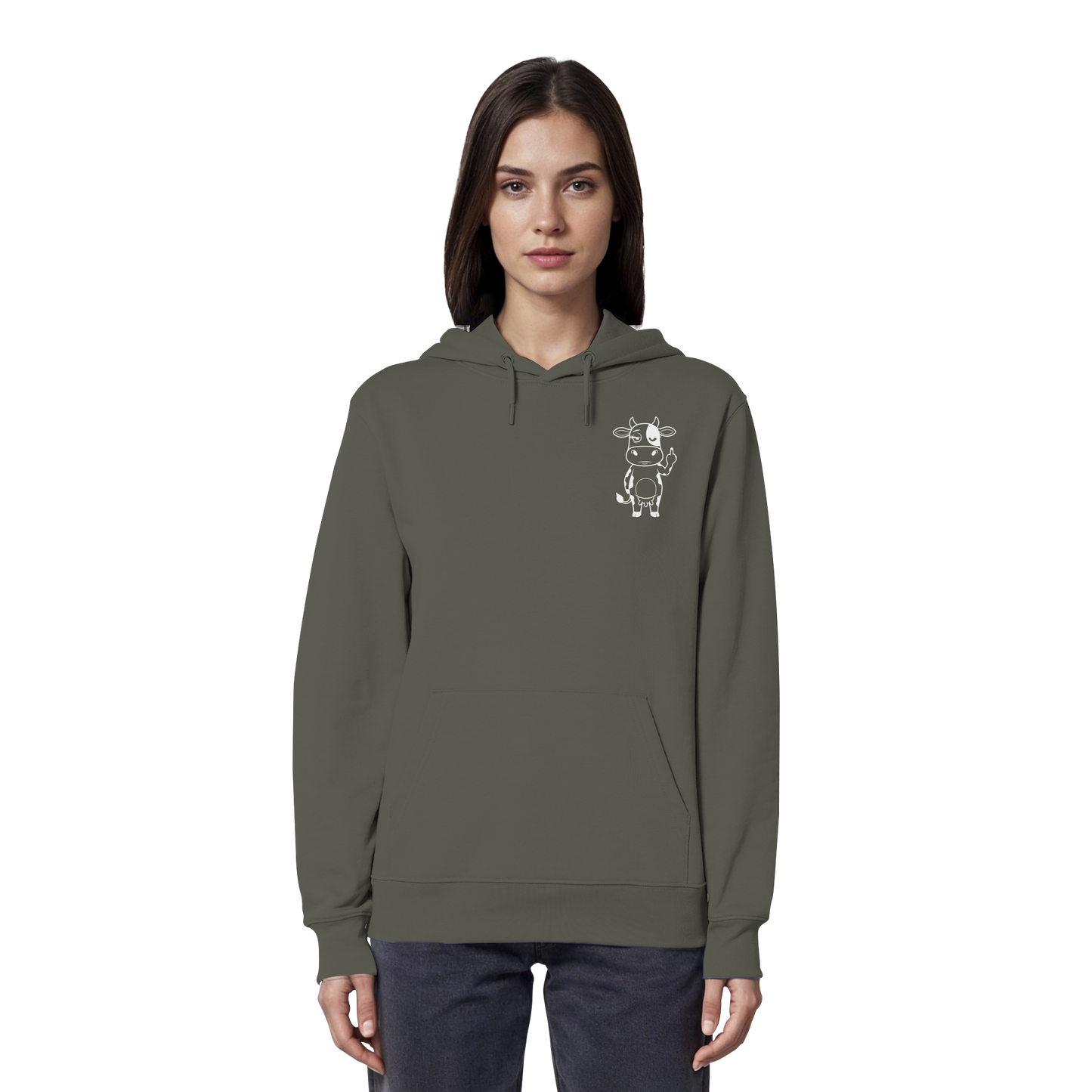 Finger Cow Statement-Print – Khaki Hoodie | GÖRL Bio-Baumwolle, DTF-Druck in DE