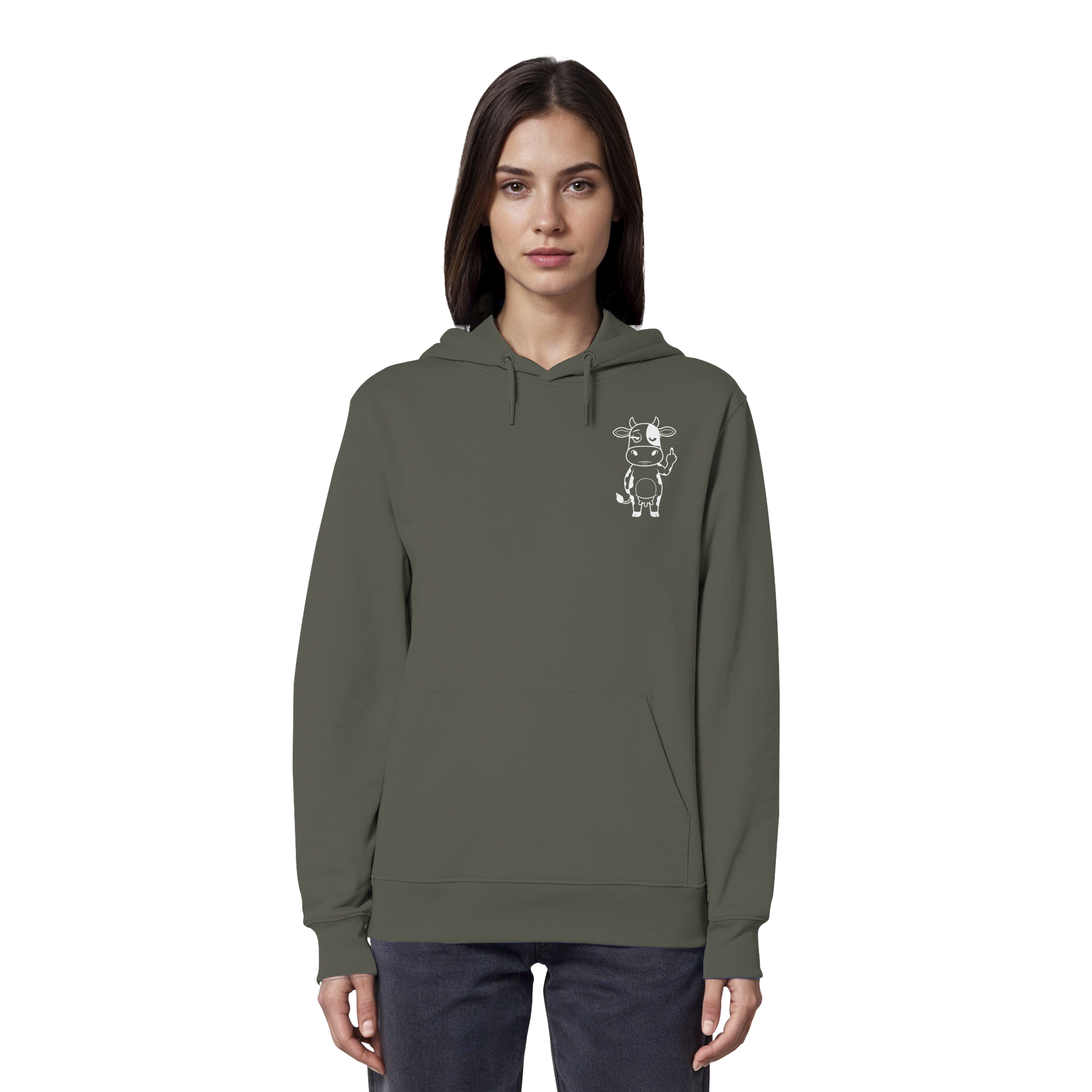 Finger Cow Statement-Print – Khaki Hoodie | GÖRL Bio-Baumwolle, DTF-Druck in DE