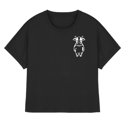 Angry Cow Statement-Print – Schwarz Rolled Sleeves Tee | GÖRL Bio-Baumwolle, DTF-Druck in DE