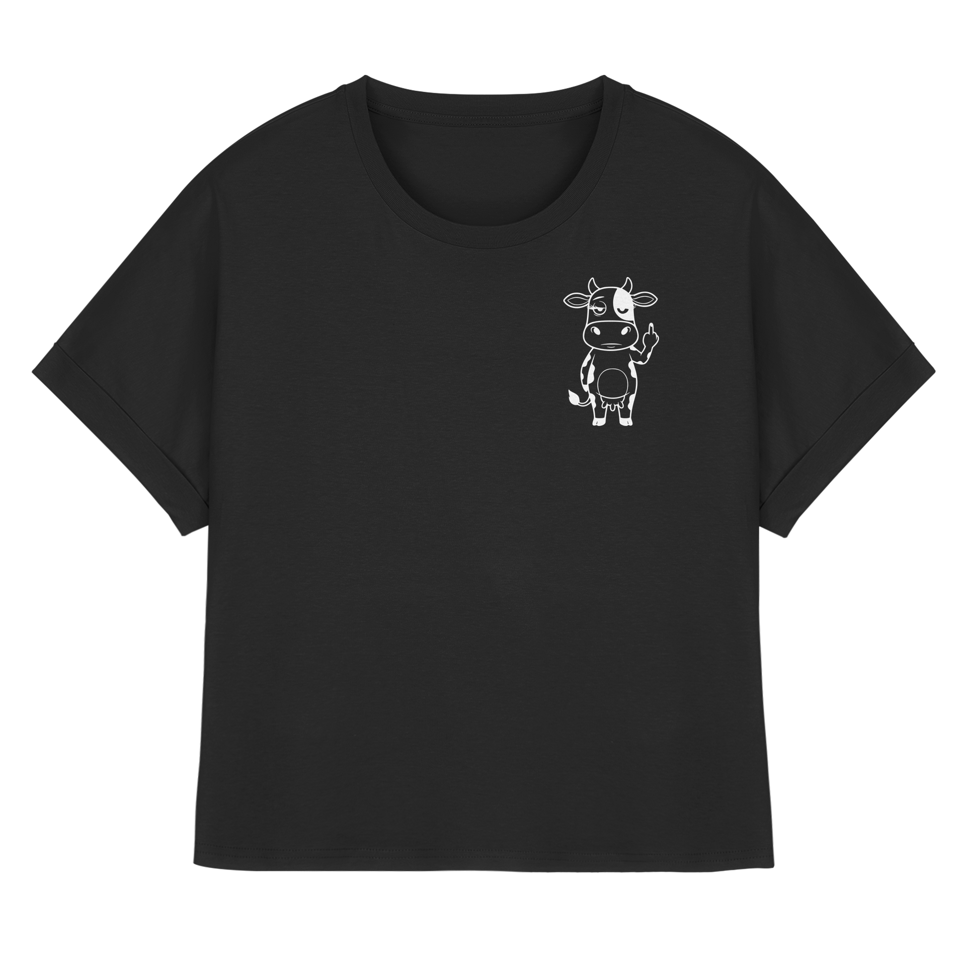Finger Cow Statement-Print – Schwarz Rolled Sleeves Tee | GÖRL Bio-Baumwolle, DTF-Druck in DE