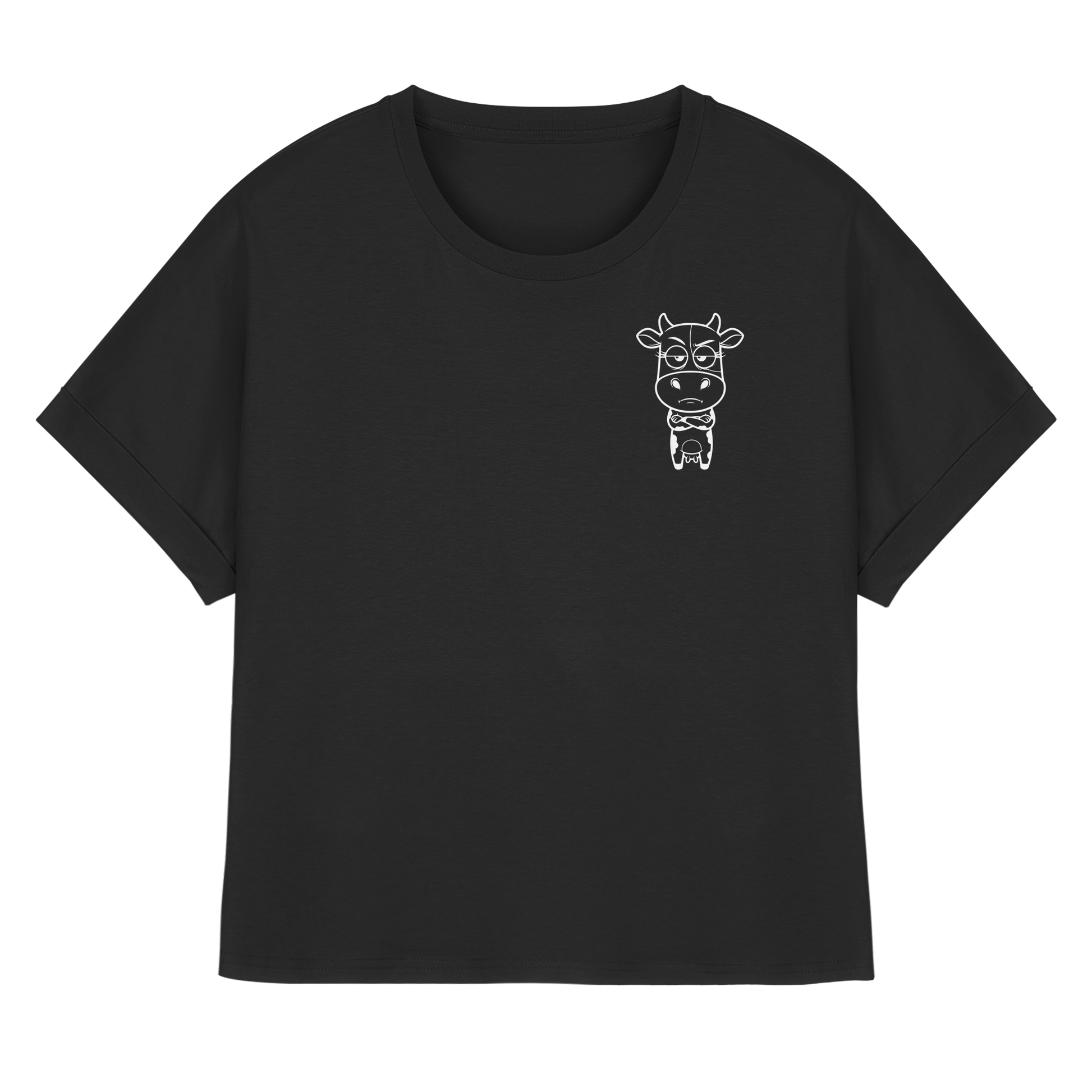 Annoyed Cow Statement-Print – Schwarz Rolled Sleeves Tee | GÖRL Bio-Baumwolle, DTF-Druck in DE