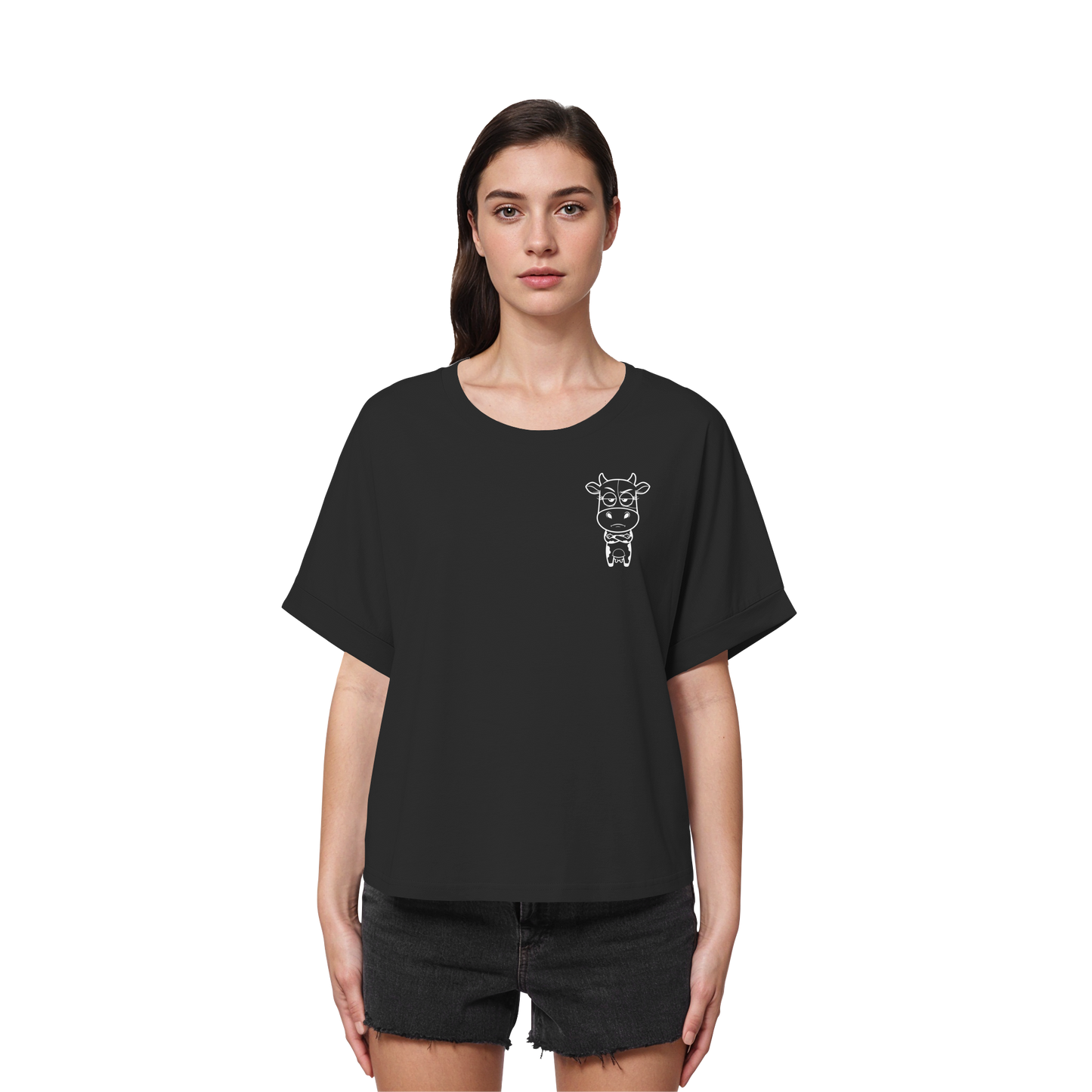 Annoyed Cow Statement-Print – Schwarz Rolled Sleeves Tee | GÖRL Bio-Baumwolle, DTF-Druck in DE