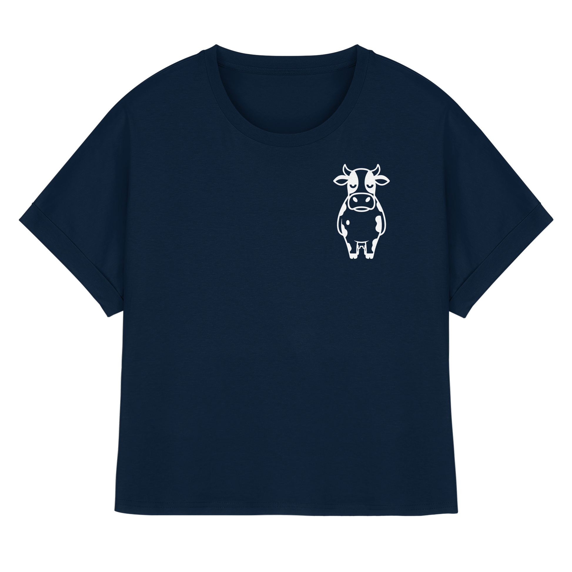 Angry Cow Statement-Print – French Navy Rolled Sleeves Tee | GÖRL Bio-Baumwolle, DTF-Druck in DE
