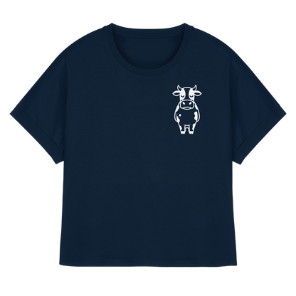 Angry Cow Statement-Print – French Navy Rolled Sleeves Tee | GÖRL Bio-Baumwolle, DTF-Druck in DE