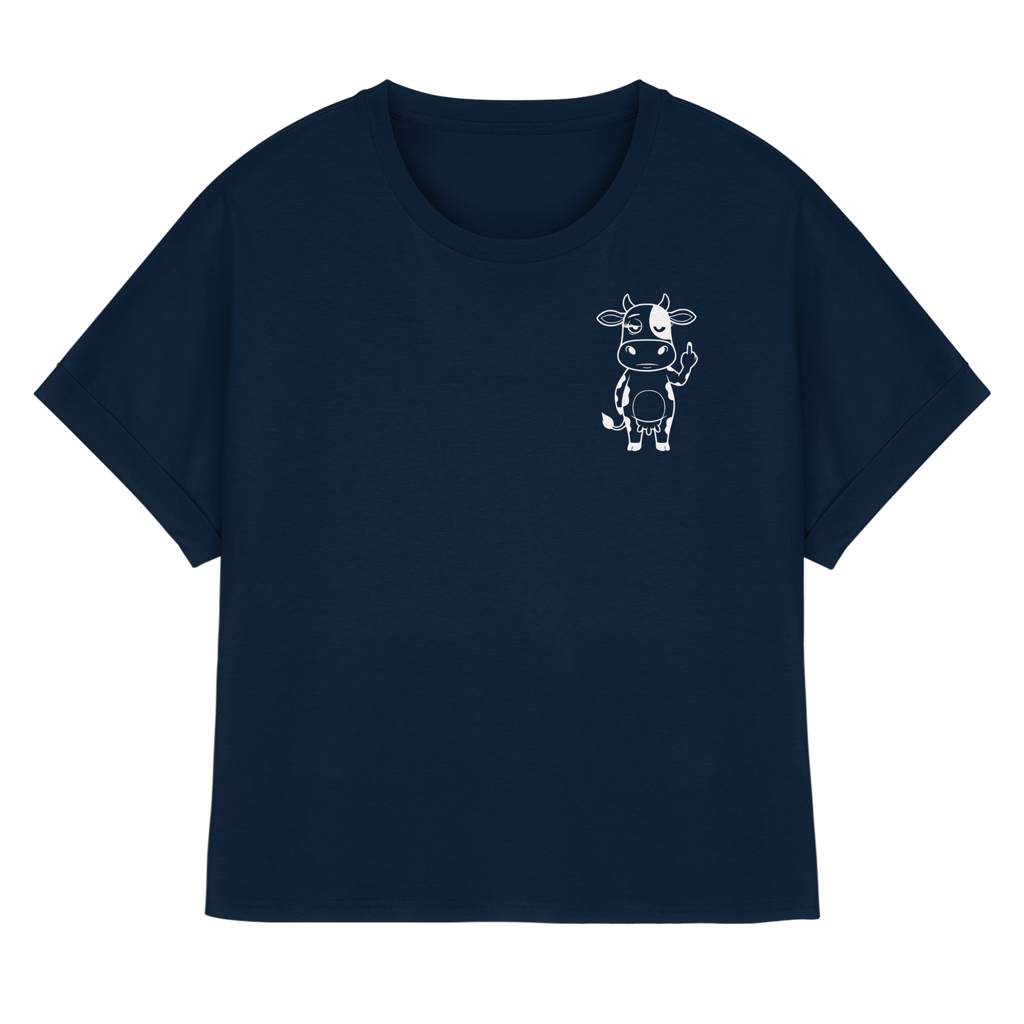 Finger Cow Statement-Print – French Navy Rolled Sleeves Tee | GÖRL Bio-Baumwolle, DTF-Druck in DE
