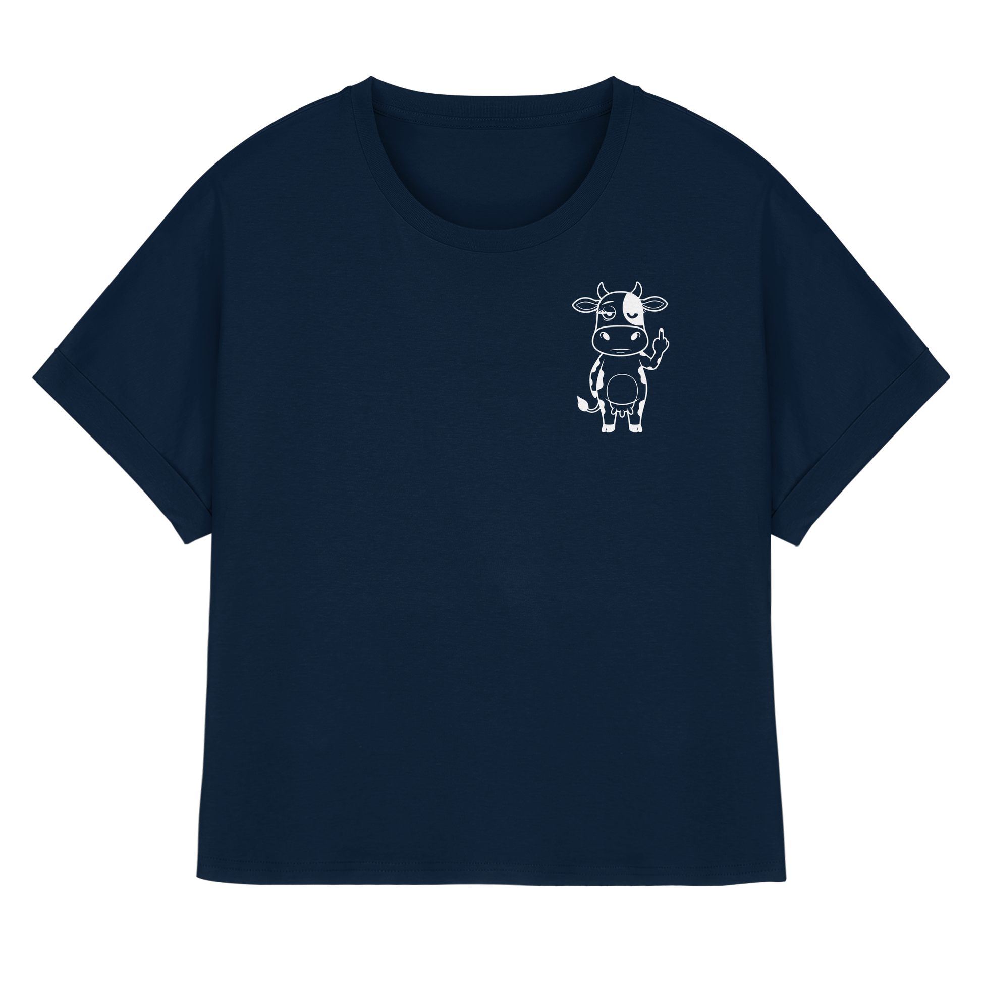 Finger Cow Statement-Print – French Navy Rolled Sleeves Tee | GÖRL Bio-Baumwolle, DTF-Druck in DE