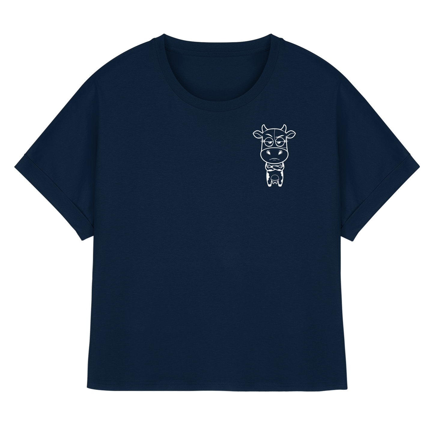 Annoyed Cow Statement-Print – French Navy Rolled Sleeves Tee | GÖRL Bio-Baumwolle, DTF-Druck in DE