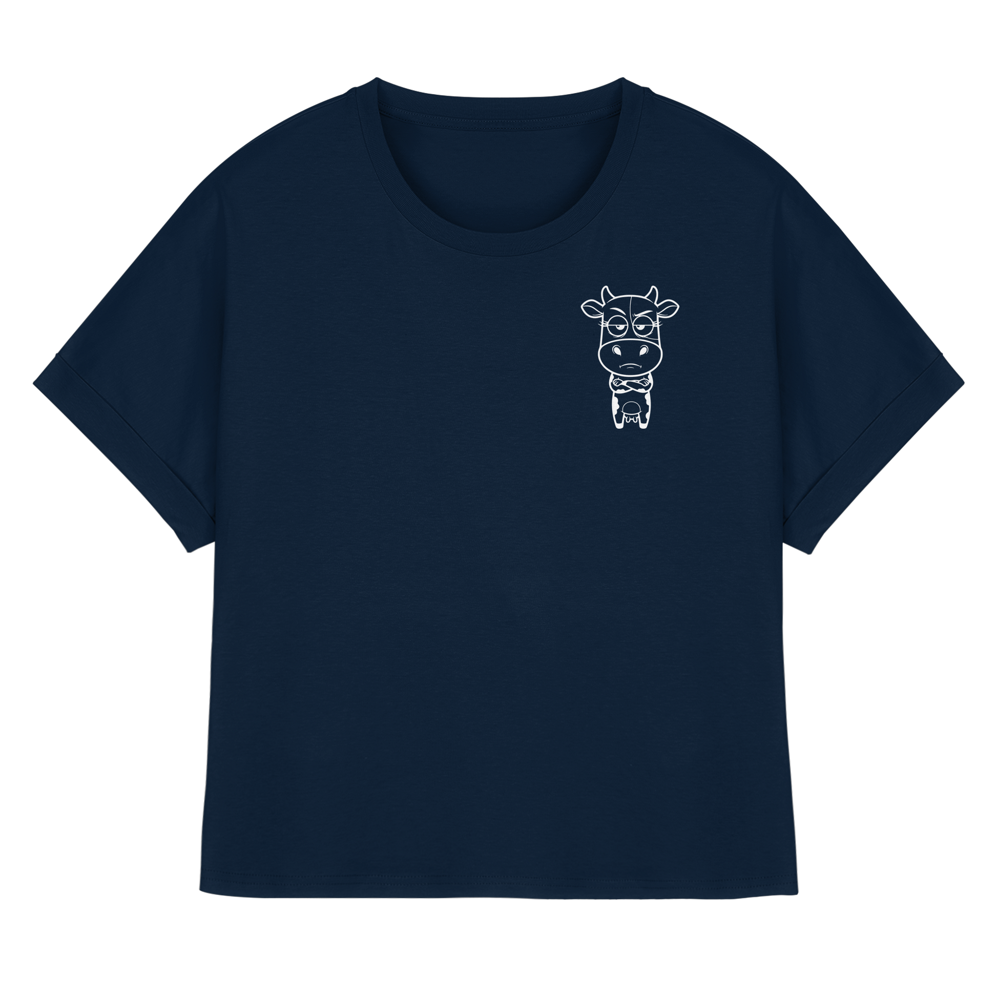 Annoyed Cow Statement-Print – French Navy Rolled Sleeves Tee | GÖRL Bio-Baumwolle, DTF-Druck in DE