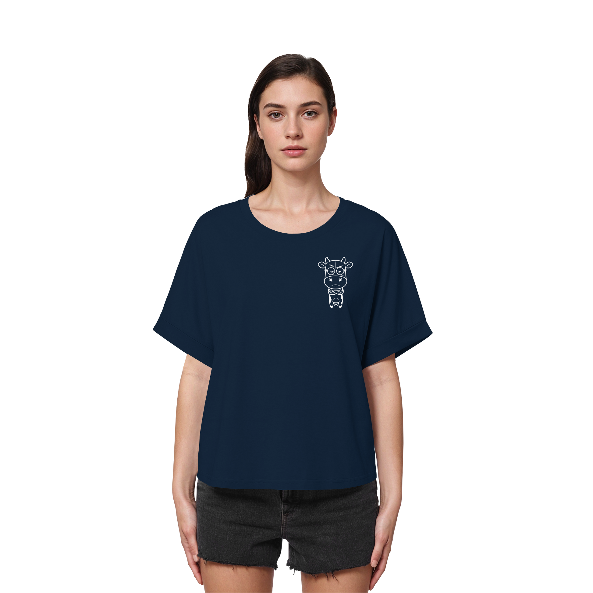 Annoyed Cow Statement-Print – French Navy Rolled Sleeves Tee | GÖRL Bio-Baumwolle, DTF-Druck in DE