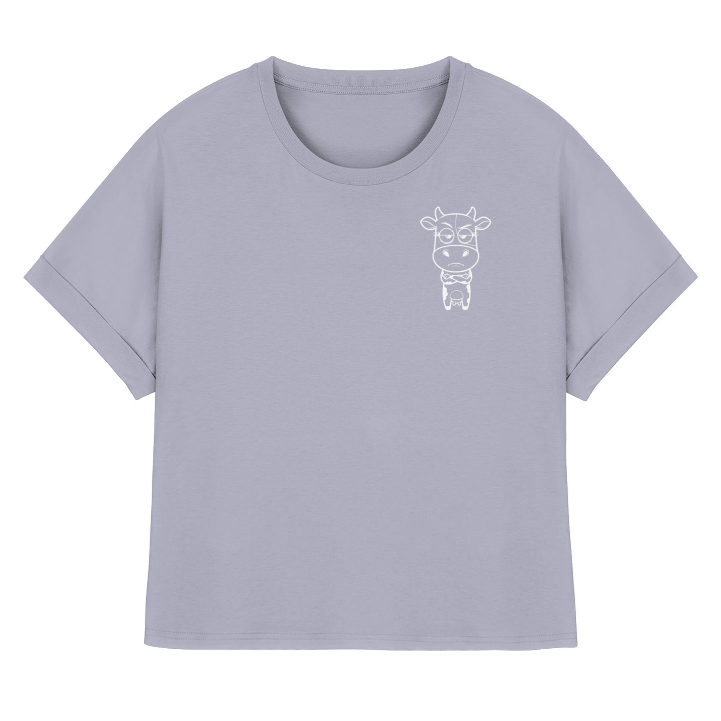 Annoyed Cow Statement-Print – Serene Blue Rolled Sleeves Tee | GÖRL Bio-Baumwolle, DTF-Druck in DE