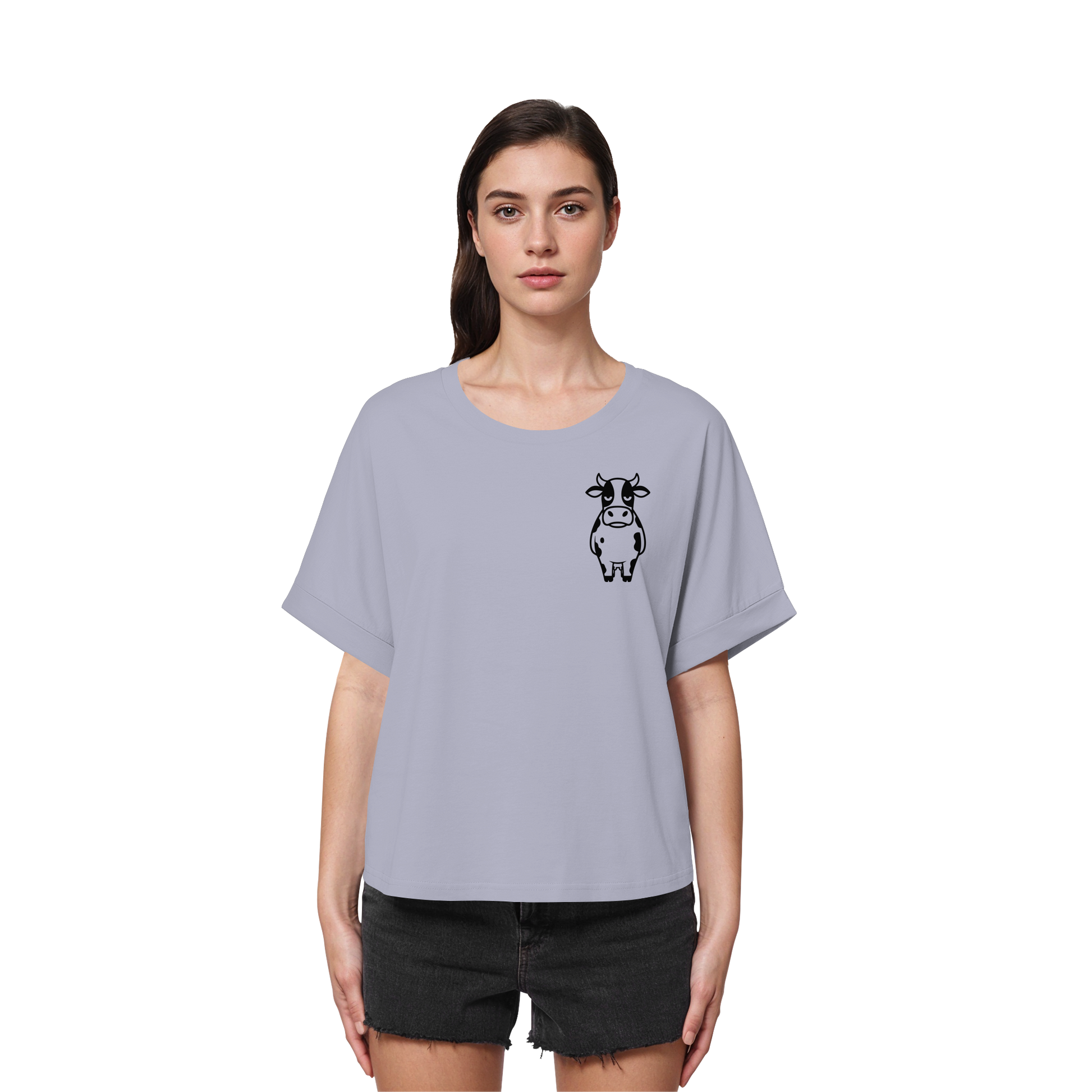 Angry Cow Statement-Print – Serene Blue Rolled Sleeves Tee | GÖRL Bio-Baumwolle, DTF-Druck in DE