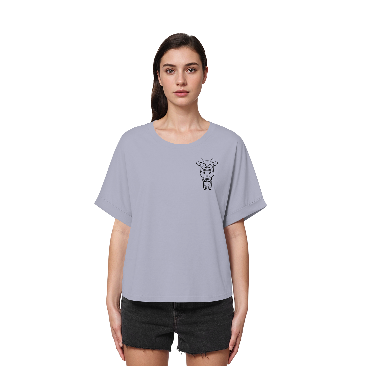 Annoyed Cow Statement-Print – Serene Blue Rolled Sleeves Tee | GÖRL Bio-Baumwolle, DTF-Druck in DE