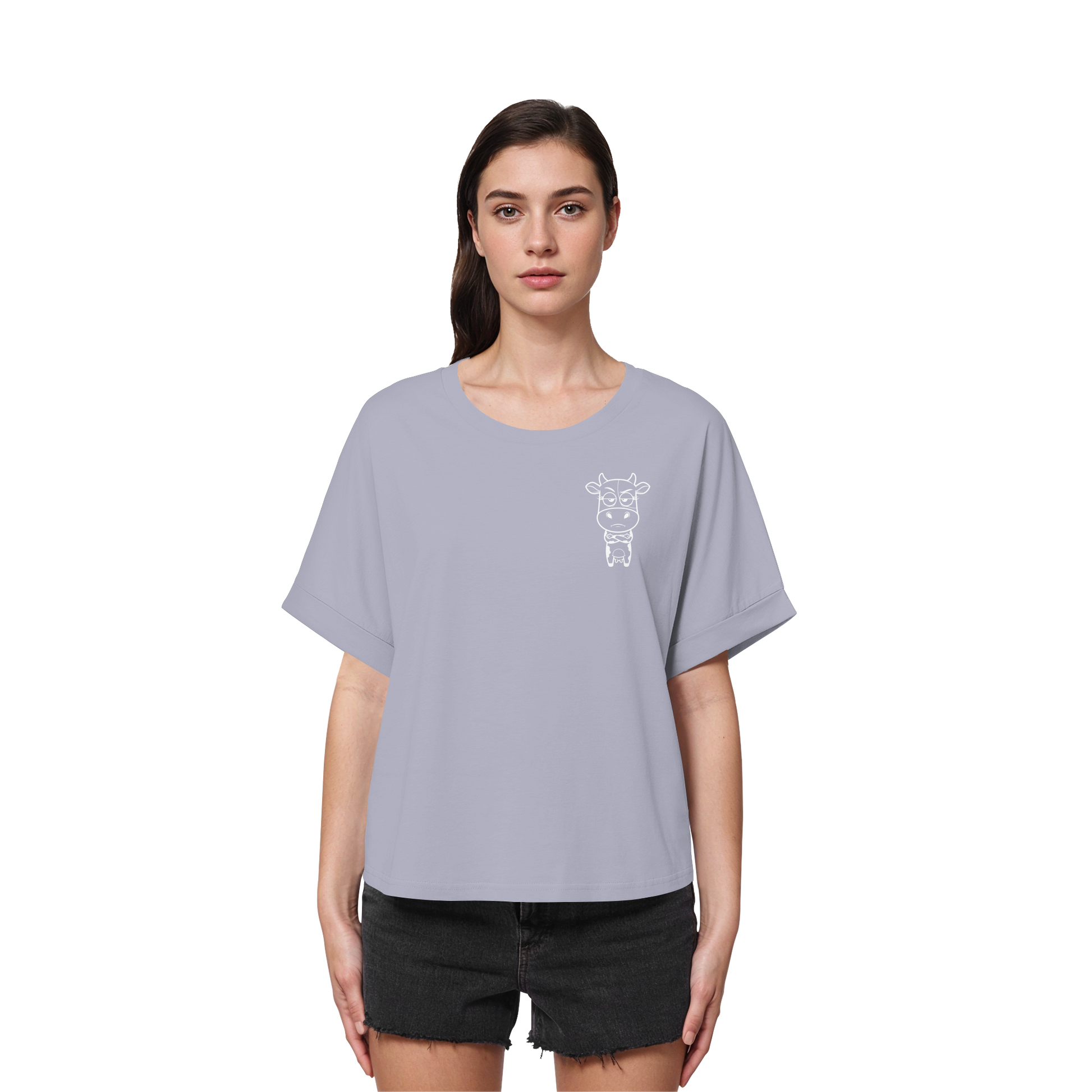 Annoyed Cow Statement-Print – Serene Blue Rolled Sleeves Tee | GÖRL Bio-Baumwolle, DTF-Druck in DE