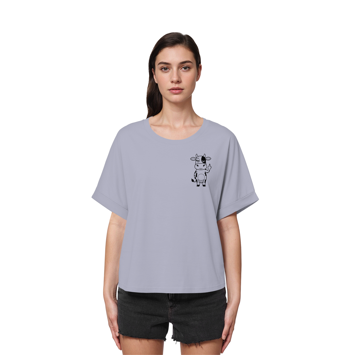 Finger Cow Statement-Print – Serene Blue Rolled Sleeves Tee | GÖRL Bio-Baumwolle, DTF-Druck in DE