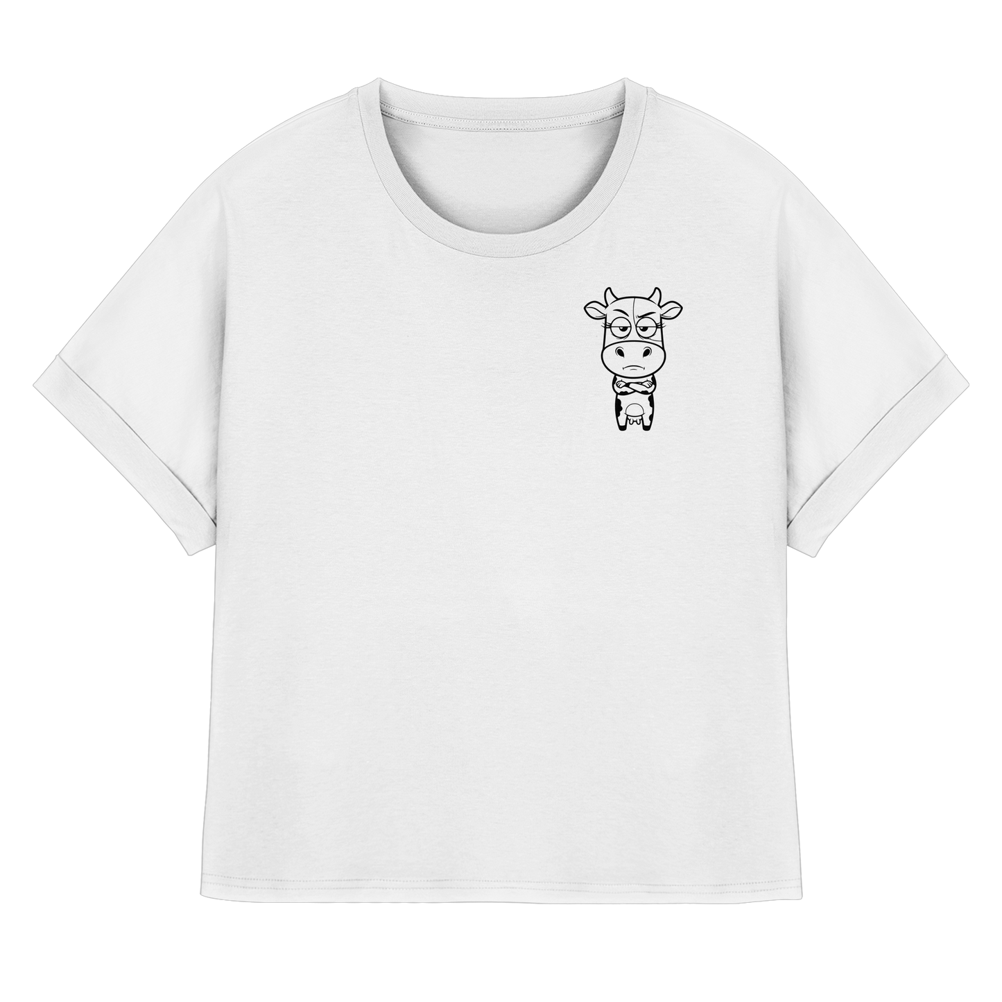 Annoyed Cow Statement-Print – Weiss Rolled Sleeves Tee | GÖRL Bio-Baumwolle, DTF-Druck in DE