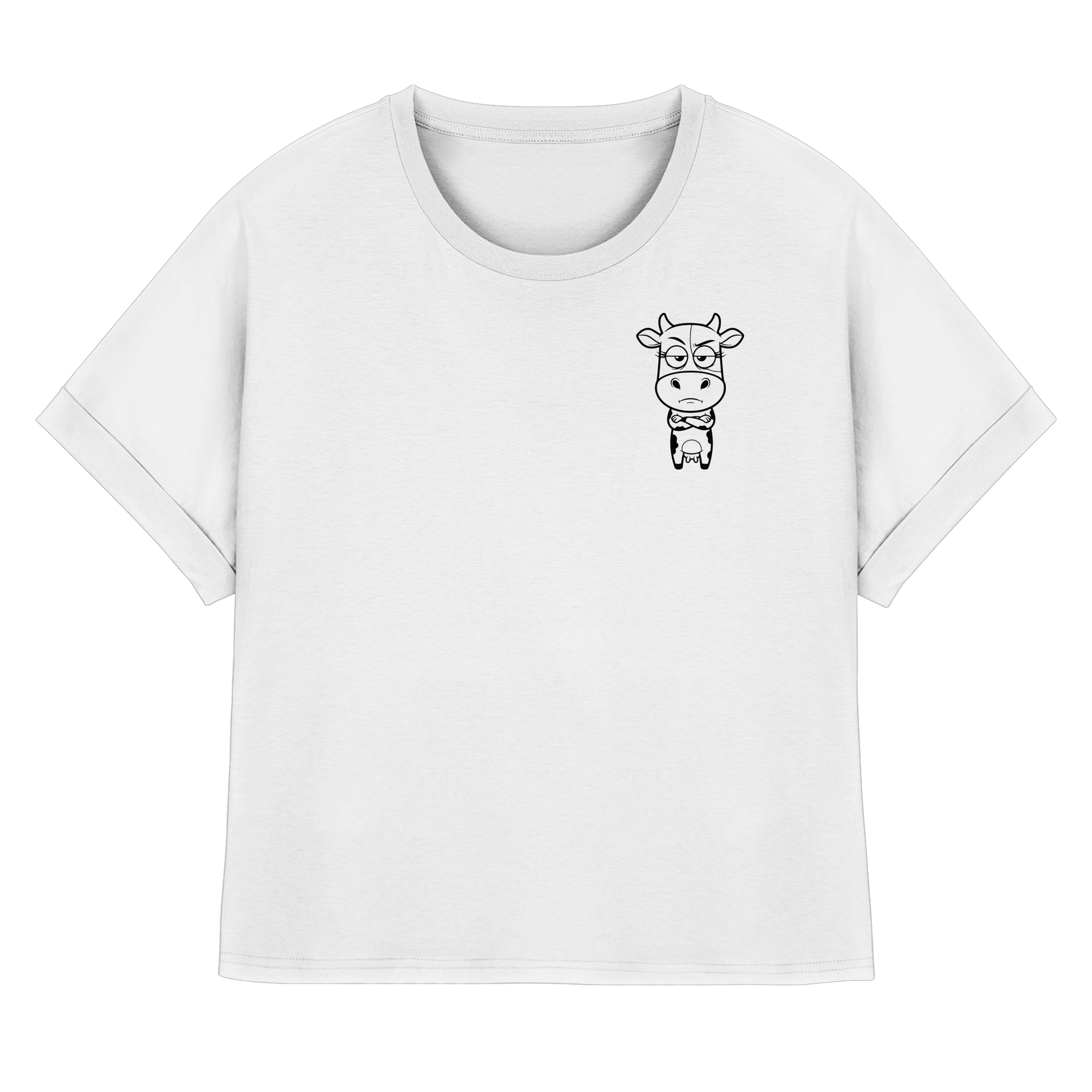 Annoyed Cow Statement-Print – Weiss Rolled Sleeves Tee | GÖRL Bio-Baumwolle, DTF-Druck in DE