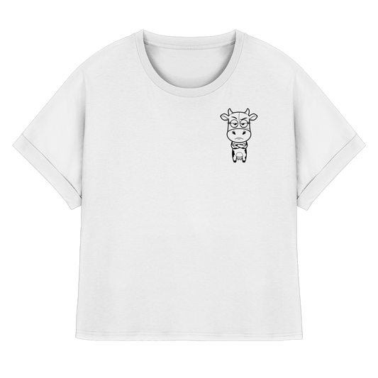 Annoyed Cow Statement-Print – Weiss Rolled Sleeves Tee | GÖRL Bio-Baumwolle, DTF-Druck in DE