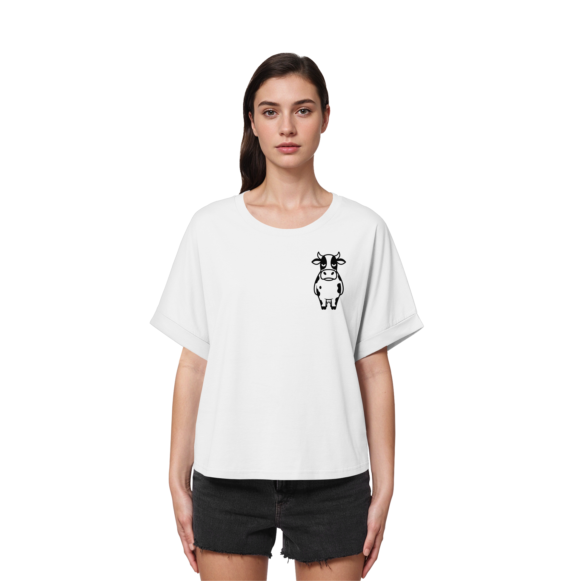 Angry Cow Statement-Print – Weiss Rolled Sleeves Tee | GÖRL Bio-Baumwolle, DTF-Druck in DE