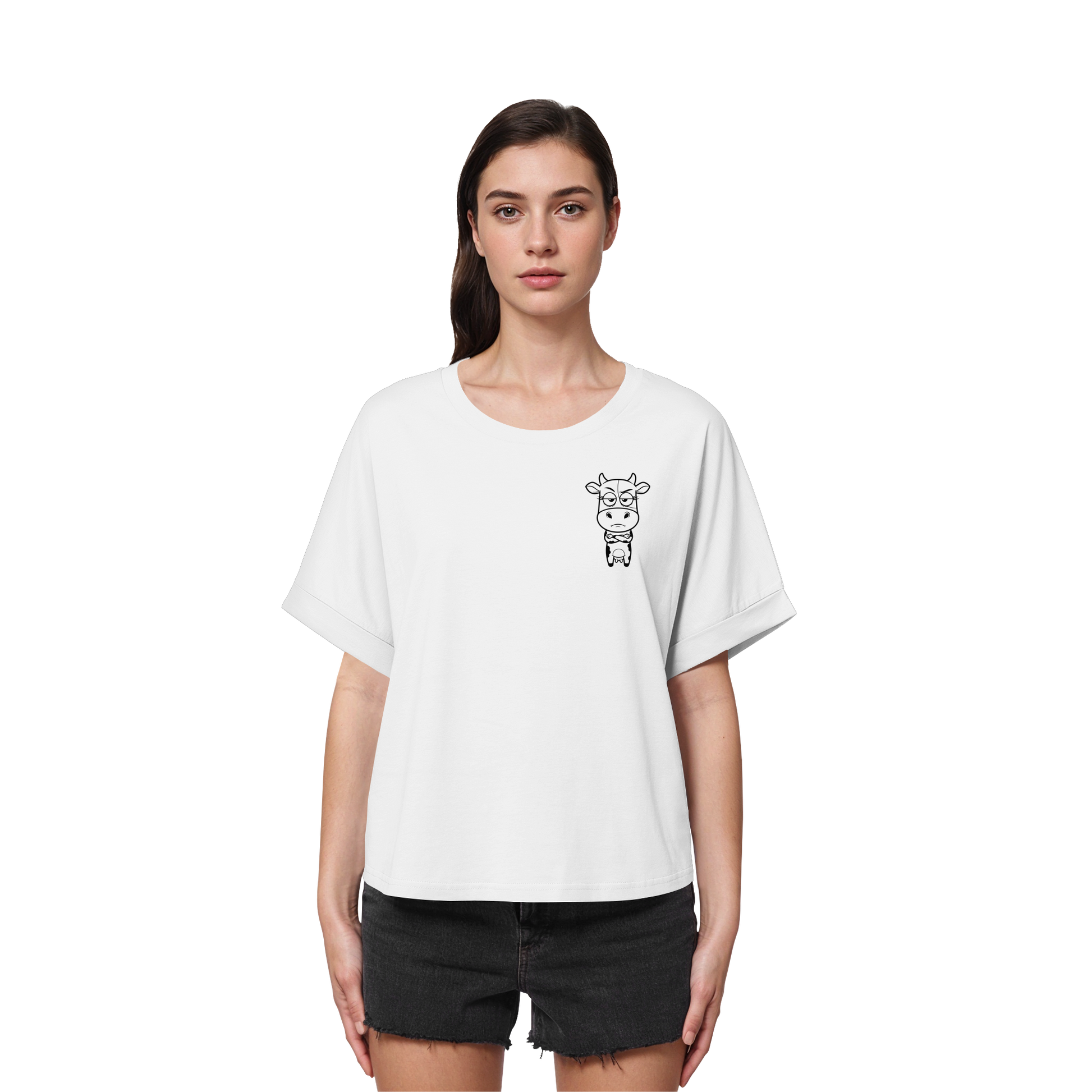 Annoyed Cow Statement-Print – Weiss Rolled Sleeves Tee | GÖRL Bio-Baumwolle, DTF-Druck in DE