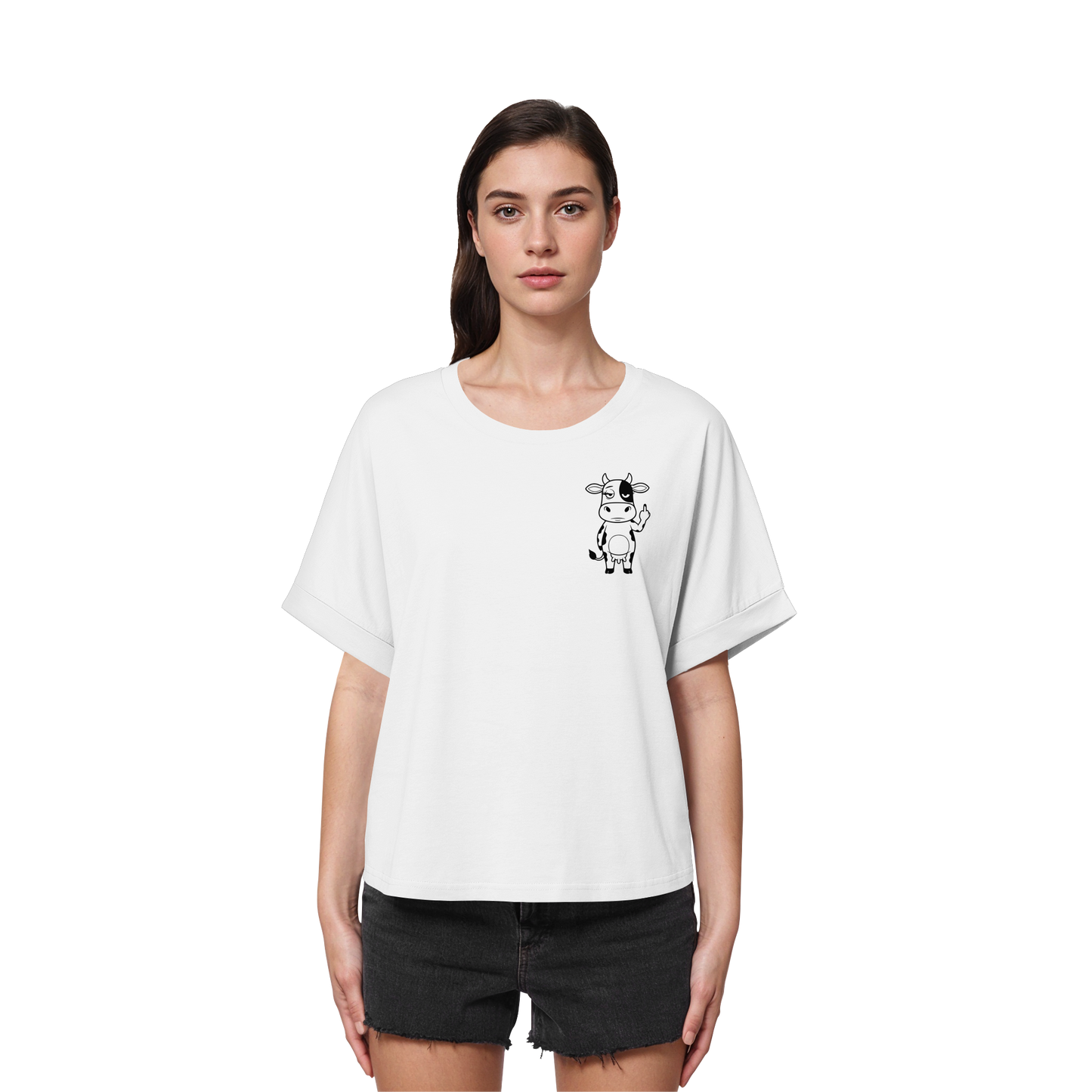 Finger Cow Statement-Print – Weiss Rolled Sleeves Tee | GÖRL Bio-Baumwolle, DTF-Druck in DE